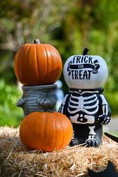 Two pumpkins, one dressed as a skeleton with the words "trick or treat" on it, the other decorated as a mummy, are placed on a straw pile. - wallpaper image