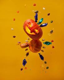 An upside-down pumpkin with a carved jack-o&apos;-lantern face is suspended in mid-air, surrounded by flying candies in various colors. - wallpaper image