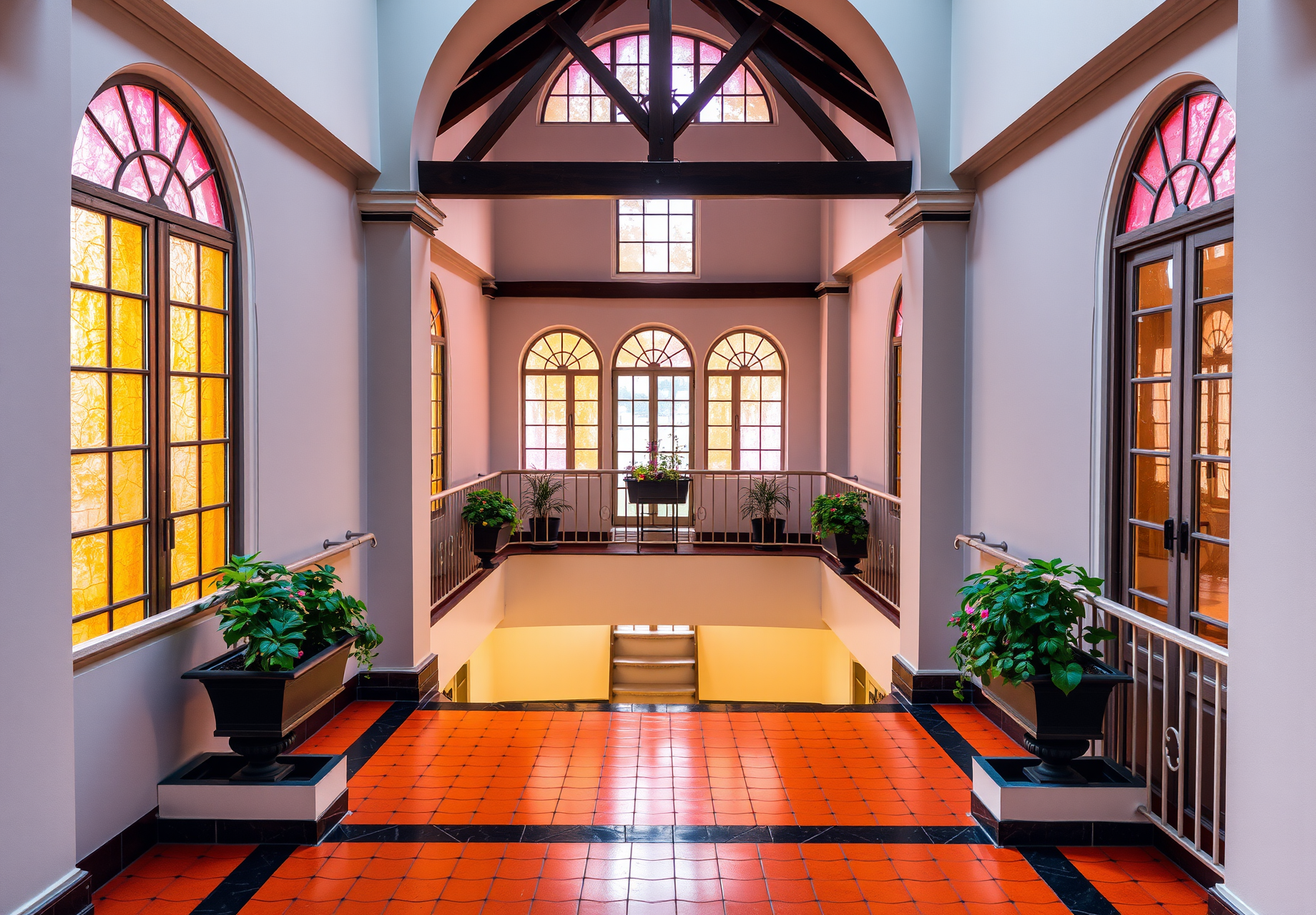 An indoor corridor with windows on both sides, with stairs at the end. - wallpaper image