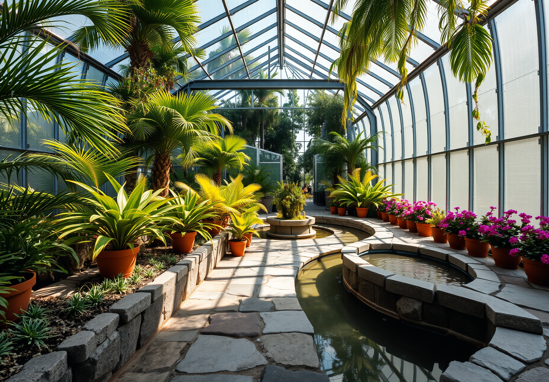 An indoor garden with tropical plants, a small pond in the middle, surrounded by stone paths - wallpaper image