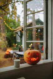 A jack-o-lantern sits on a windowsill, with a view of the garden outside, which is decorated with string lights, creating a cozy atmosphere. - wallpaper image