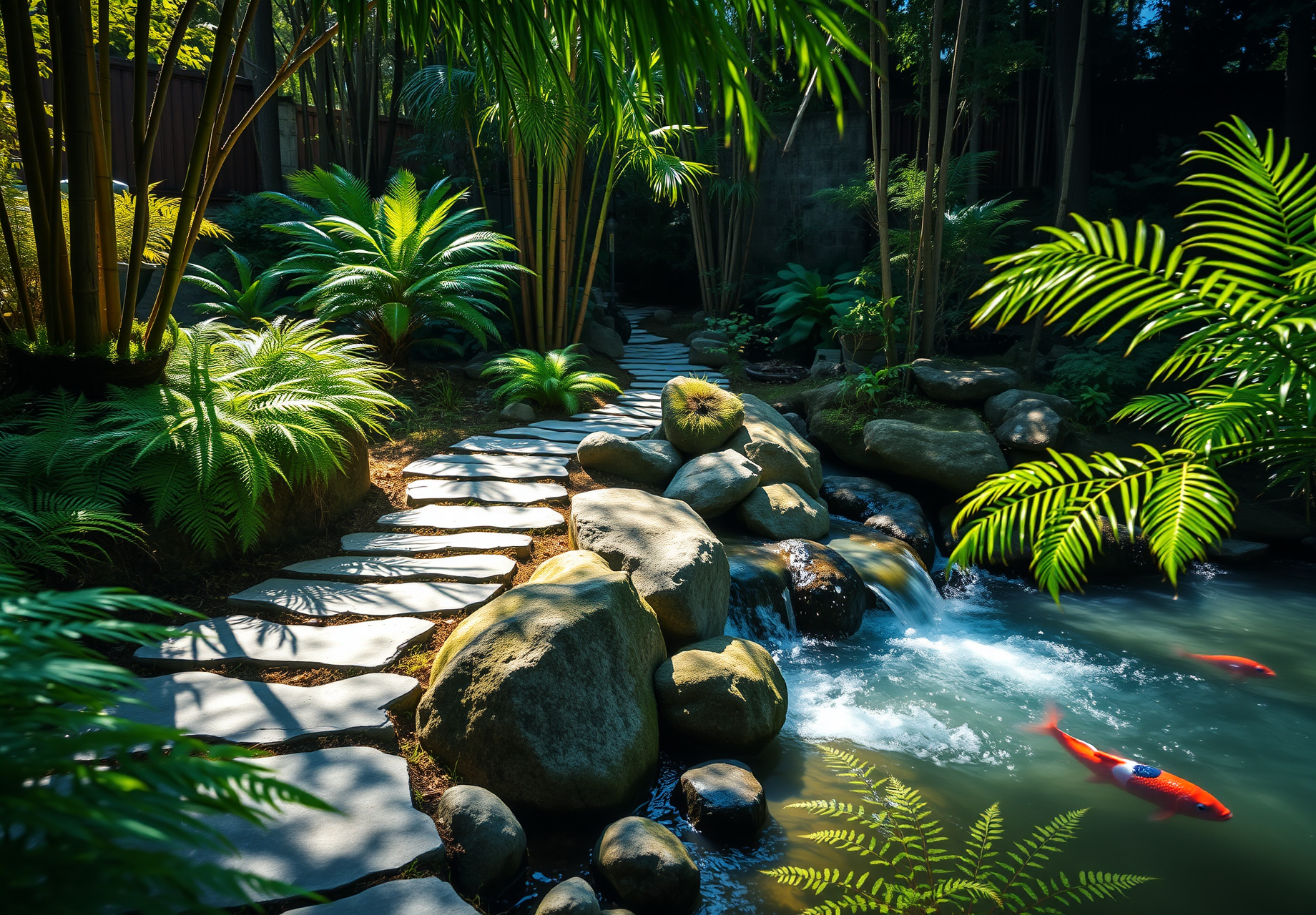 A Japanese garden with a small bridge, flowing water, lush greenery and red koi fish swimming in the water. - wallpaper image