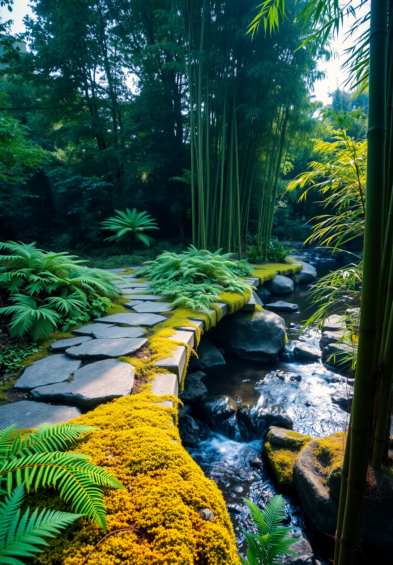 A Japanese garden with a small stream flowing between stones, a stone-paved path along the stream, with green plants and some yellow plants growing on the side. - wallpaper image