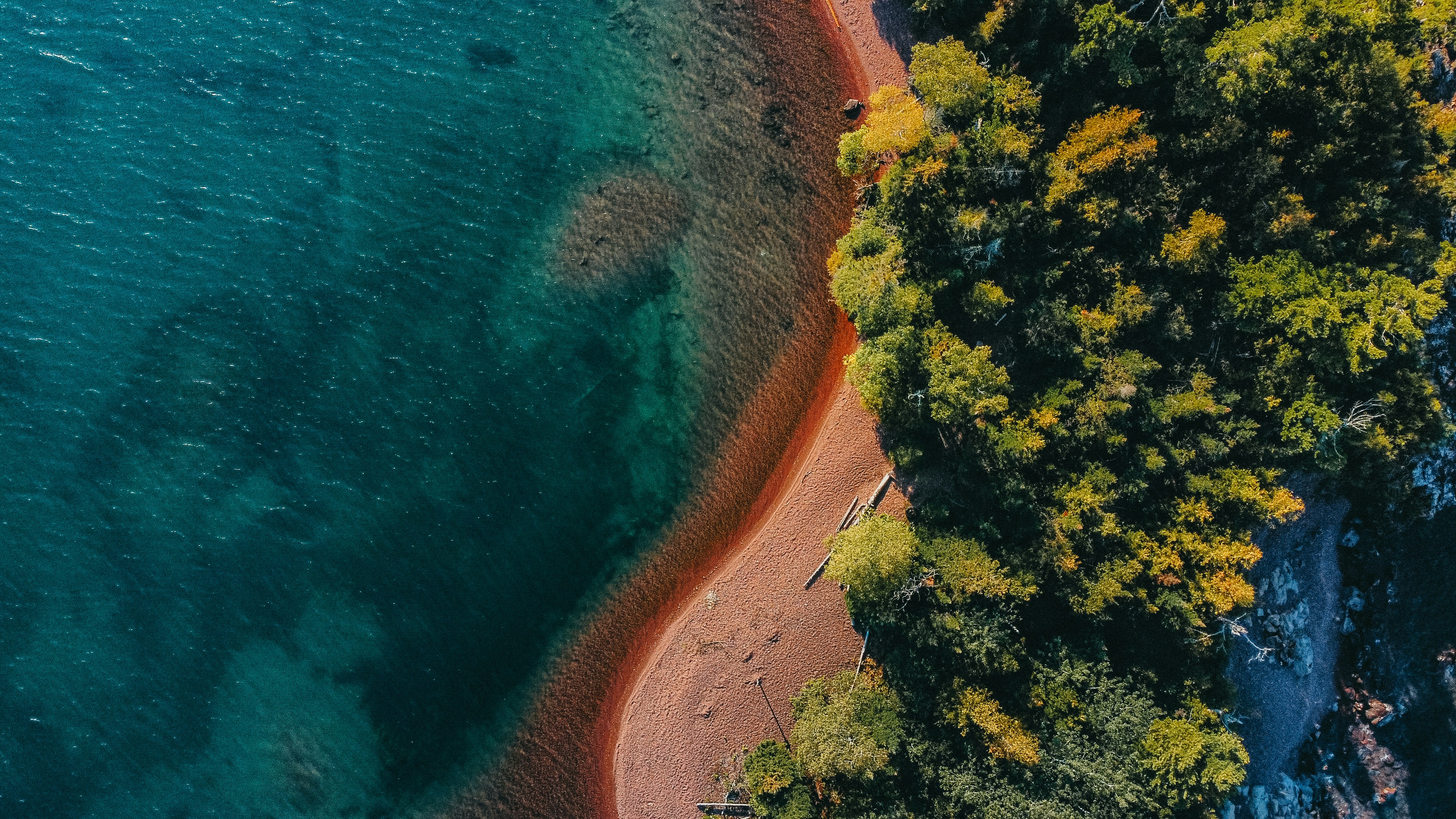 An overhead view of the junction of the lake and the forest, the red sand beach winds its way to the lake, the lake color is deep, the trees are lush. - free wallpaper image