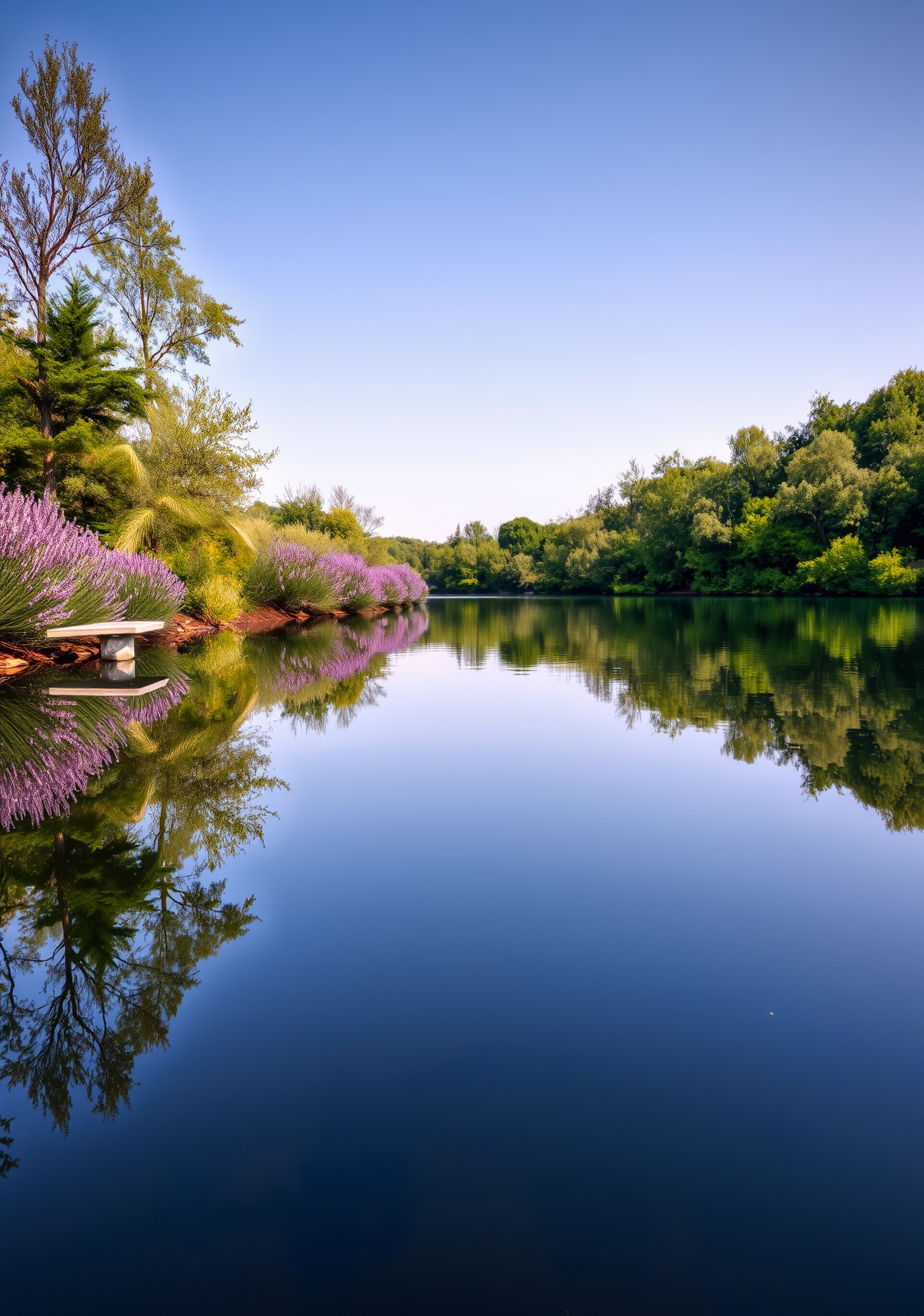 A calm lake with blue sky and white clouds reflected on its surface, green trees lining the shore, with purple flowers dotted among them, very beautiful. - wallpaper image