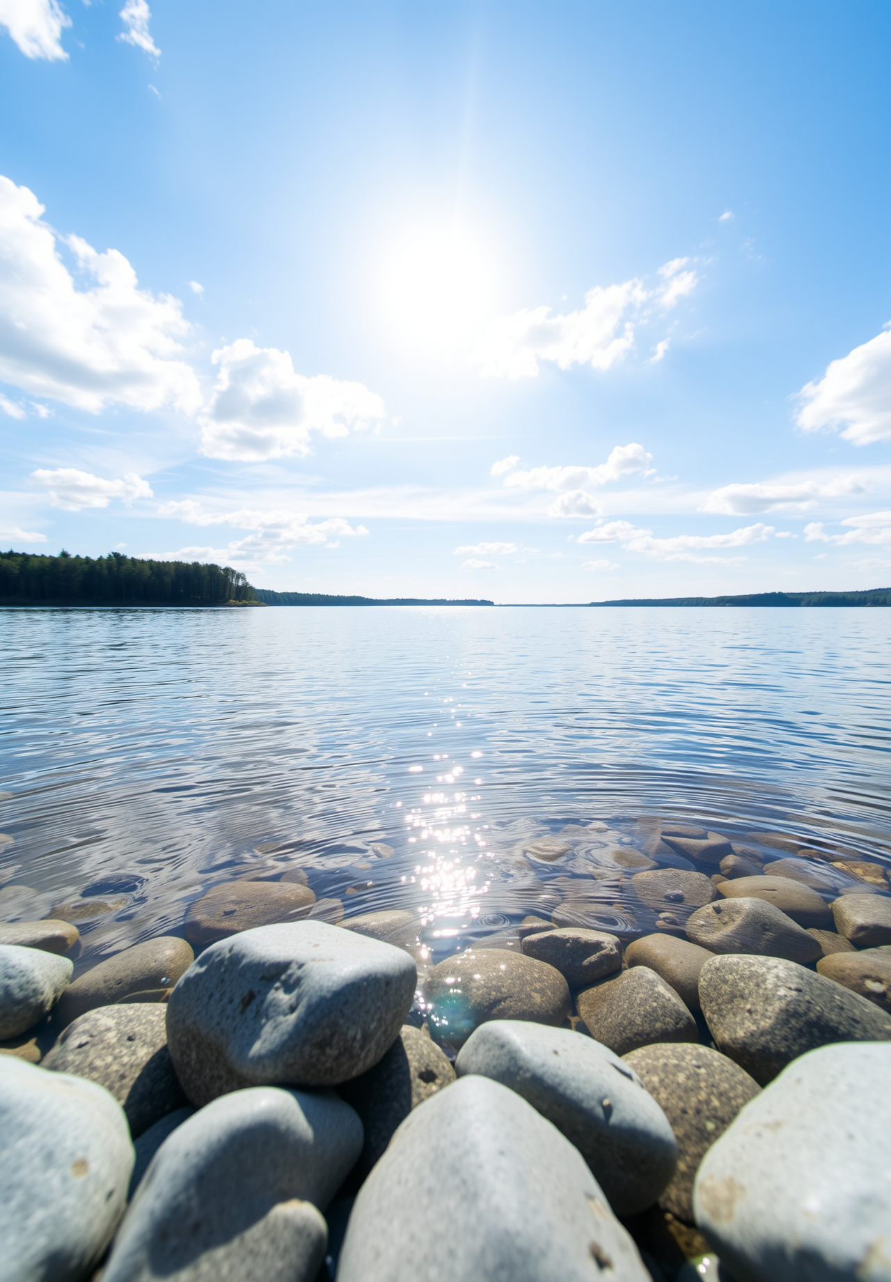 A sunny day with a calm lake and a pile of round stones on the shore. - wallpaper image