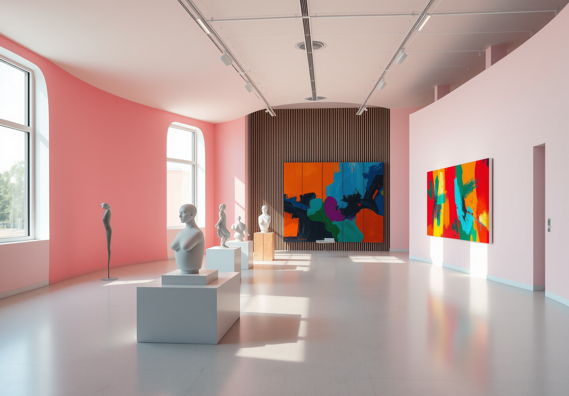 A modern art gallery with abstract paintings on the walls and sculptures in the center of the room. - wallpaper image