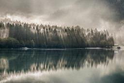 A lake and forest with fog, the calm surface of the lake reflects the trees and clouds. - free wallpaper image