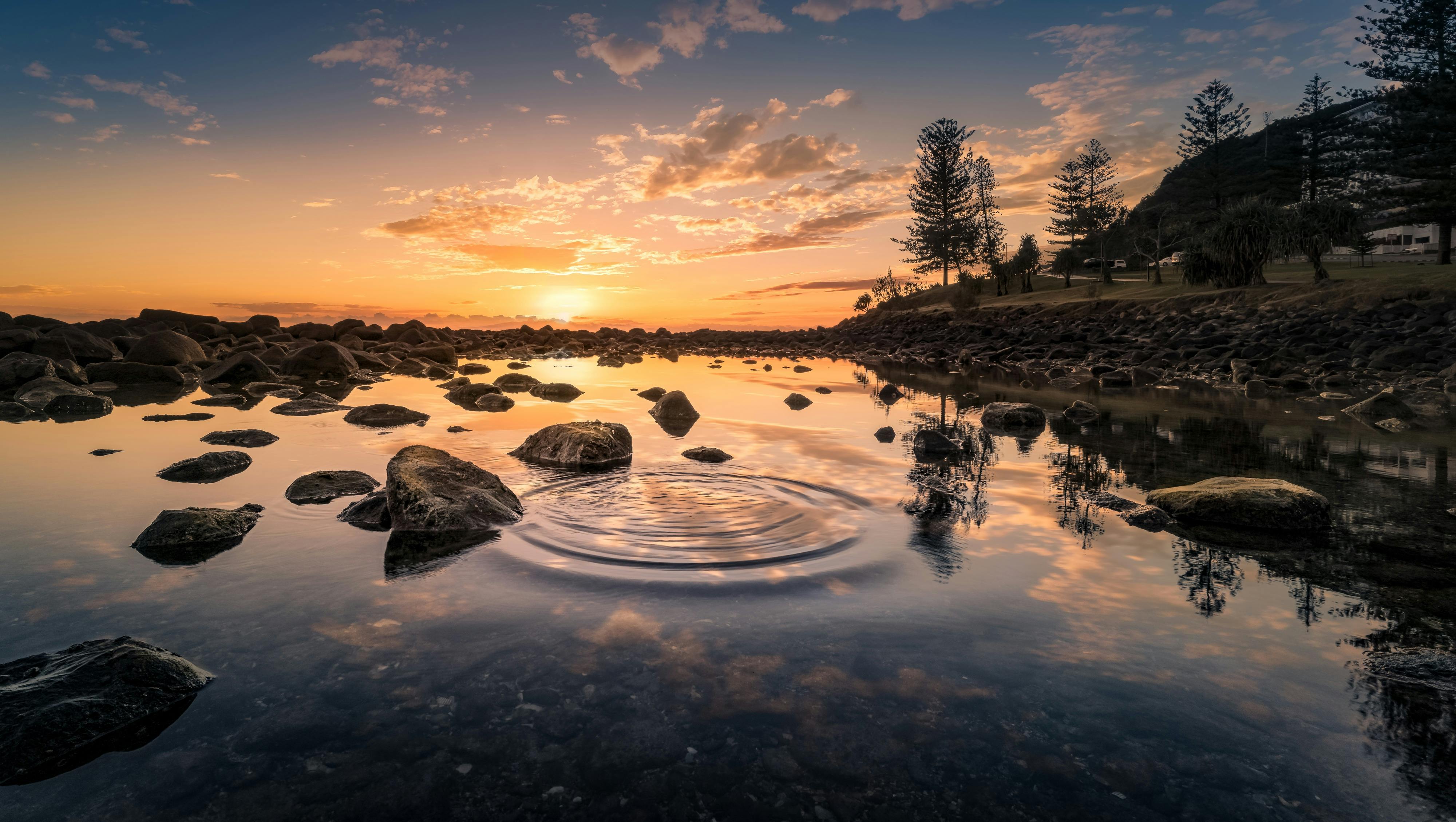 The morning sun shines on the calm sea, the water reflects the clouds in the sky and the trees on the shore, ripples spread across the water. - free wallpaper image