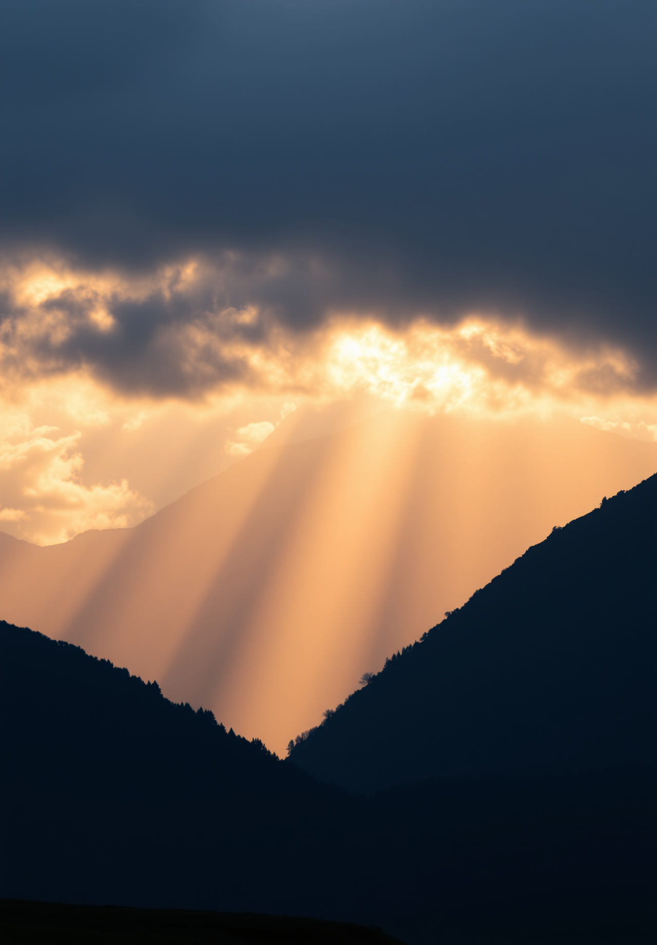 The mountains rise and fall, with golden light shining through the clouds, forming beams of light that illuminate the peaks. - wallpaper image