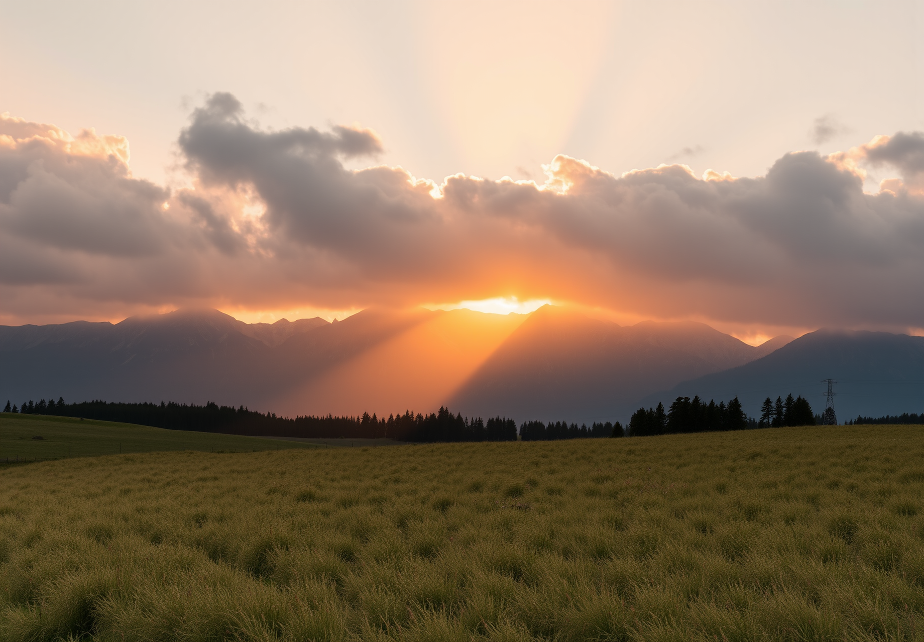 A golden ray of light shines through the clouds at sunset, illuminating the distant mountains, a green field lies at the foot of the mountains. - wallpaper image