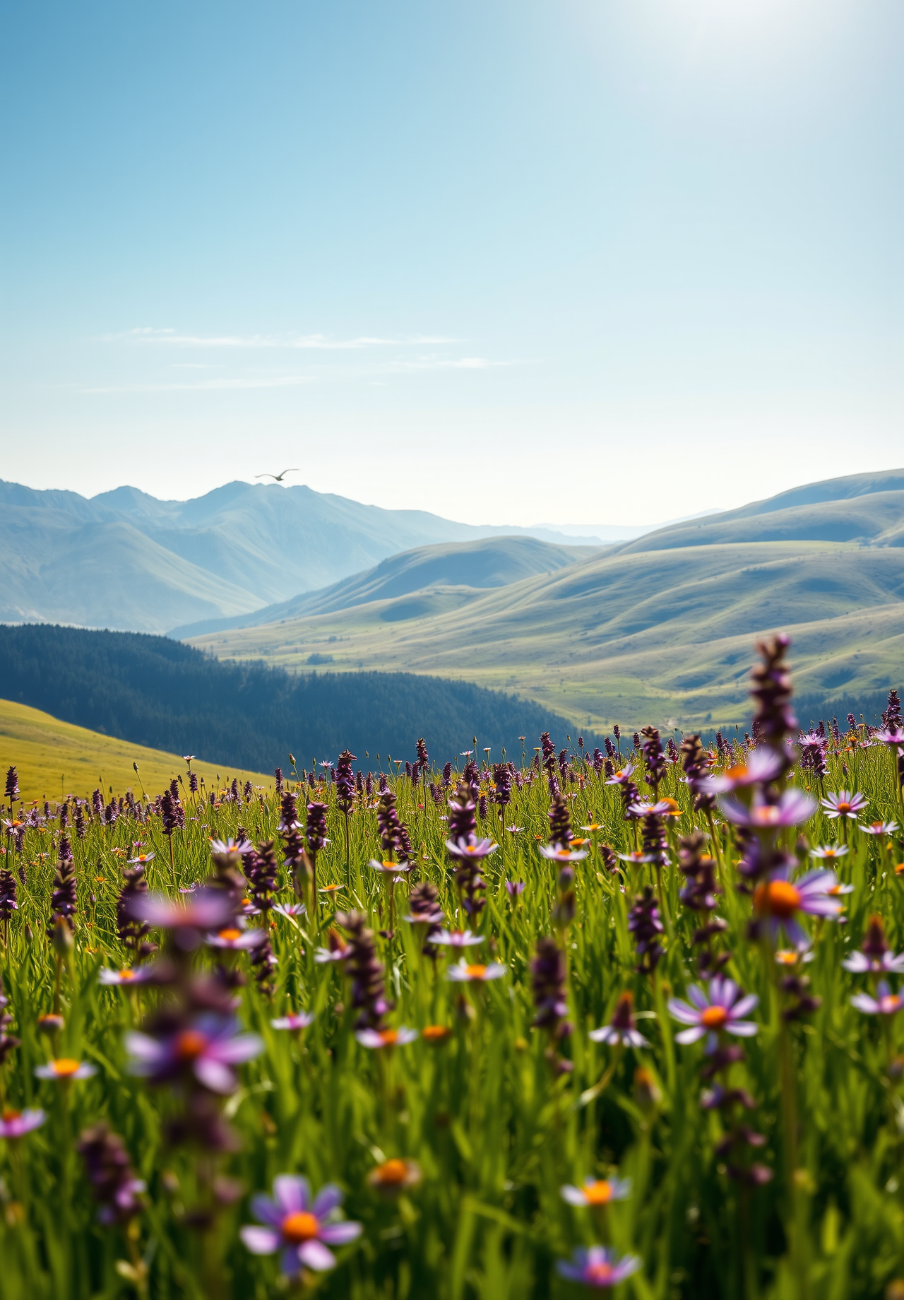 The mountains are stacked in the distance, the hills are covered with green grass, there is a sea of purple flowers nearby, the sky is clear, and a bird is flying in the air. - wallpaper image