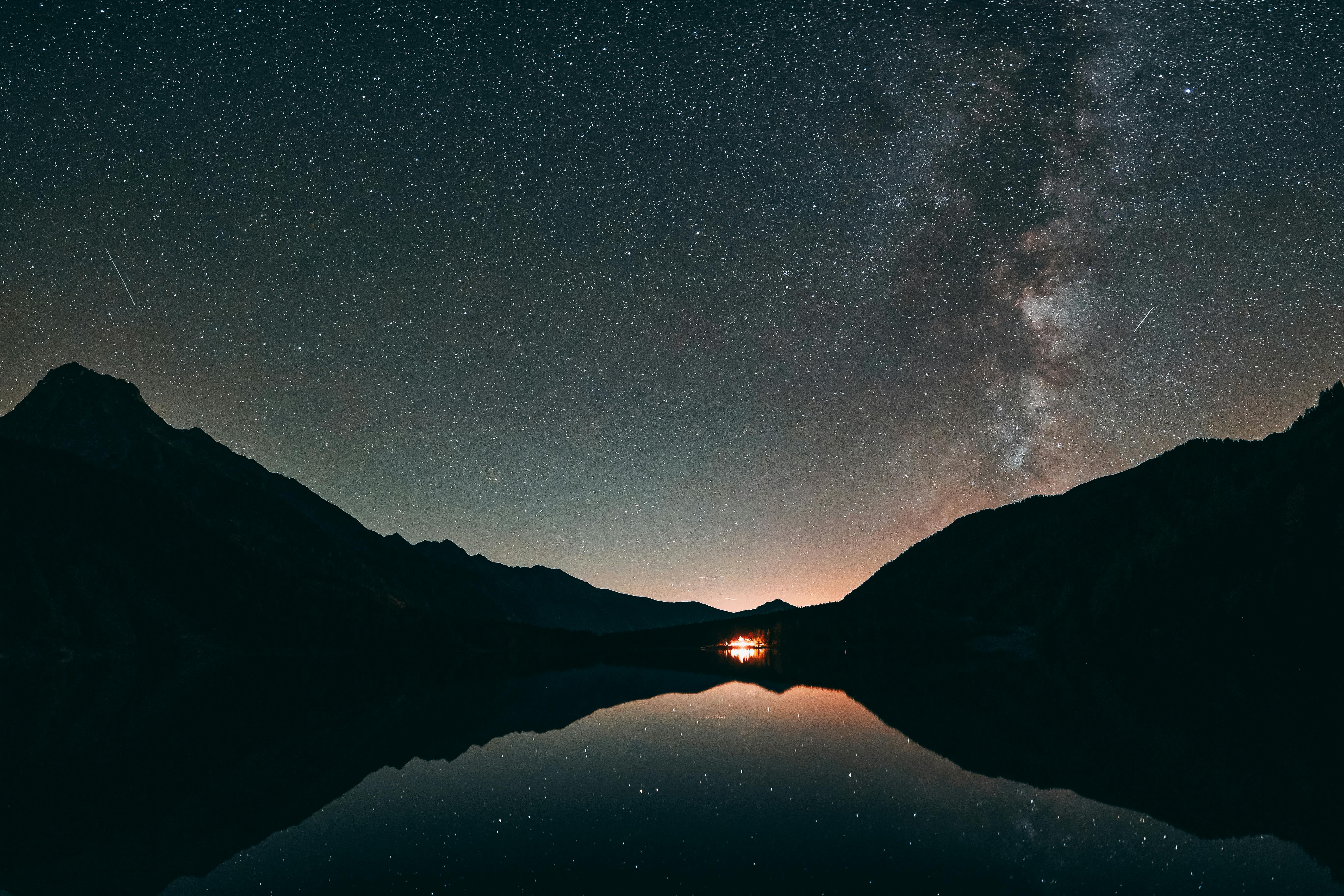 A silhouette of mountains reflected in a calm lake under a night sky with the Milky Way stretching across the sky. The stars twinkle like diamonds scattered across the dark canvas. - free wallpaper image