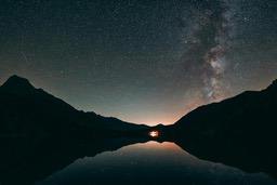 A silhouette of mountains reflected in a calm lake under a night sky with the Milky Way stretching across the sky. The stars twinkle like diamonds scattered across the dark canvas. - free wallpaper image