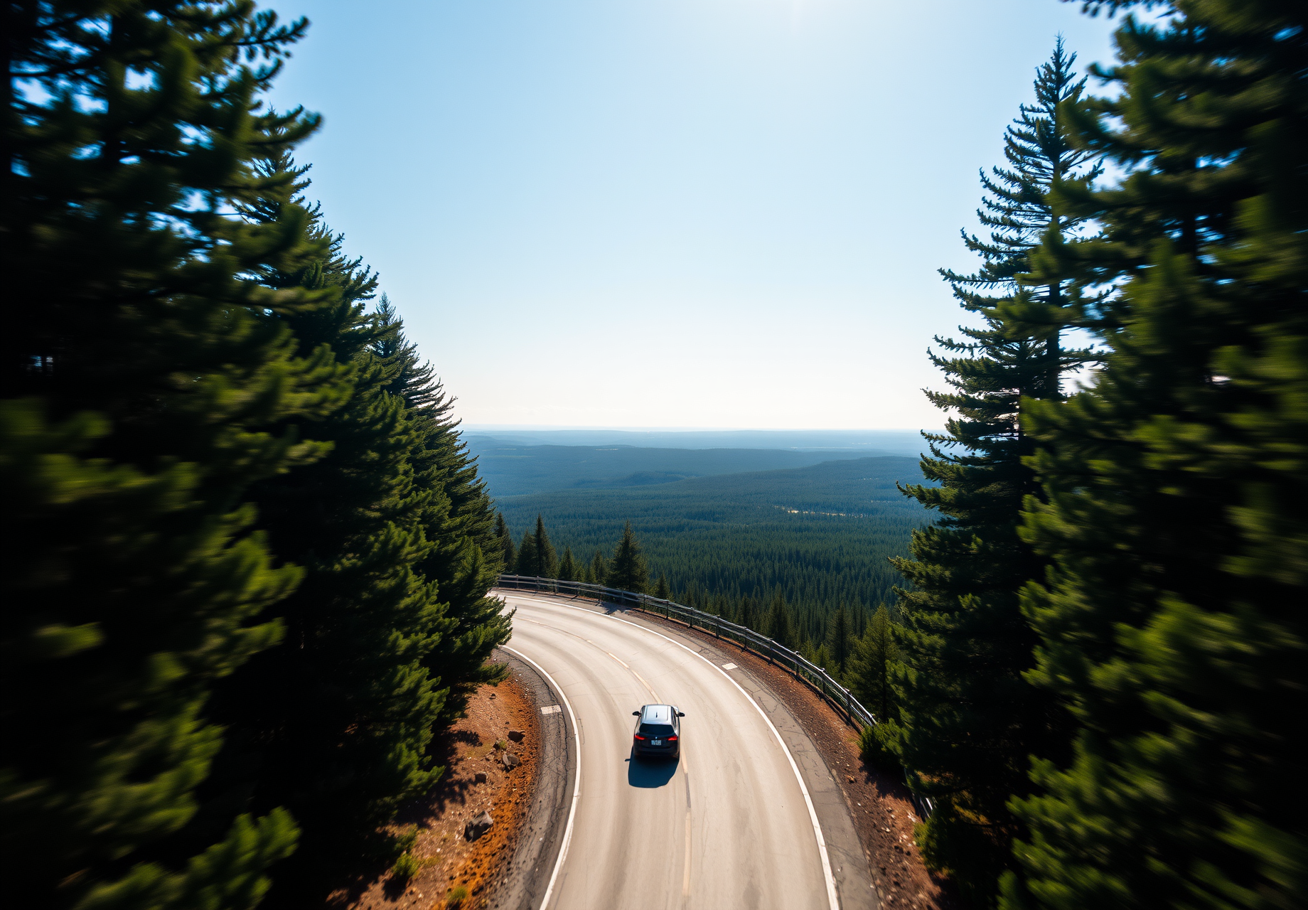 A car drives on a winding road in the mountains, with dense forest on both sides and rolling mountains in the distance. - wallpaper image