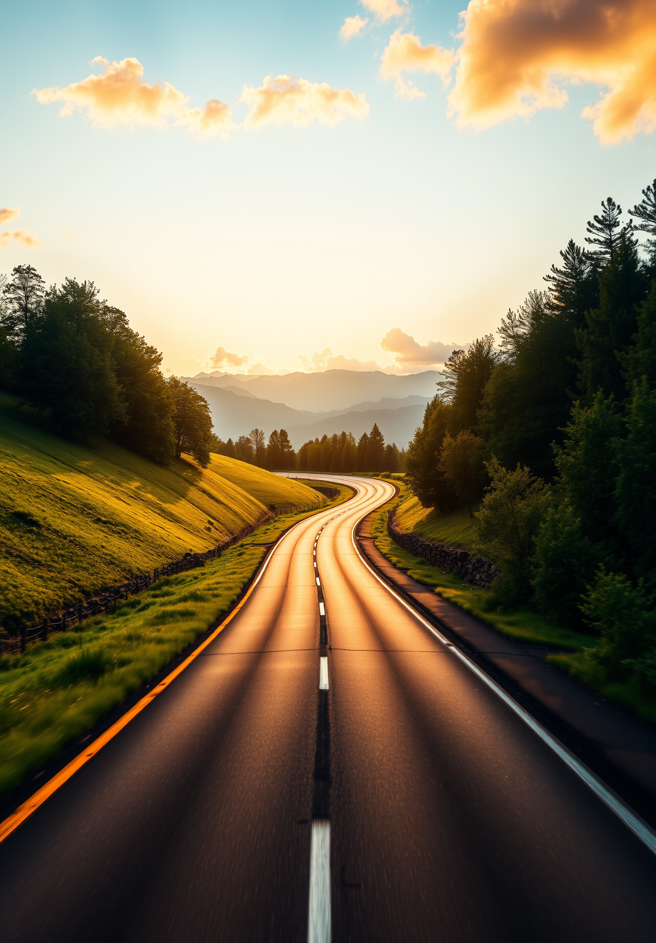 A winding road through the mountains, the sunset is setting, the sky is full of beautiful clouds, and the scenery is pleasant. - wallpaper image