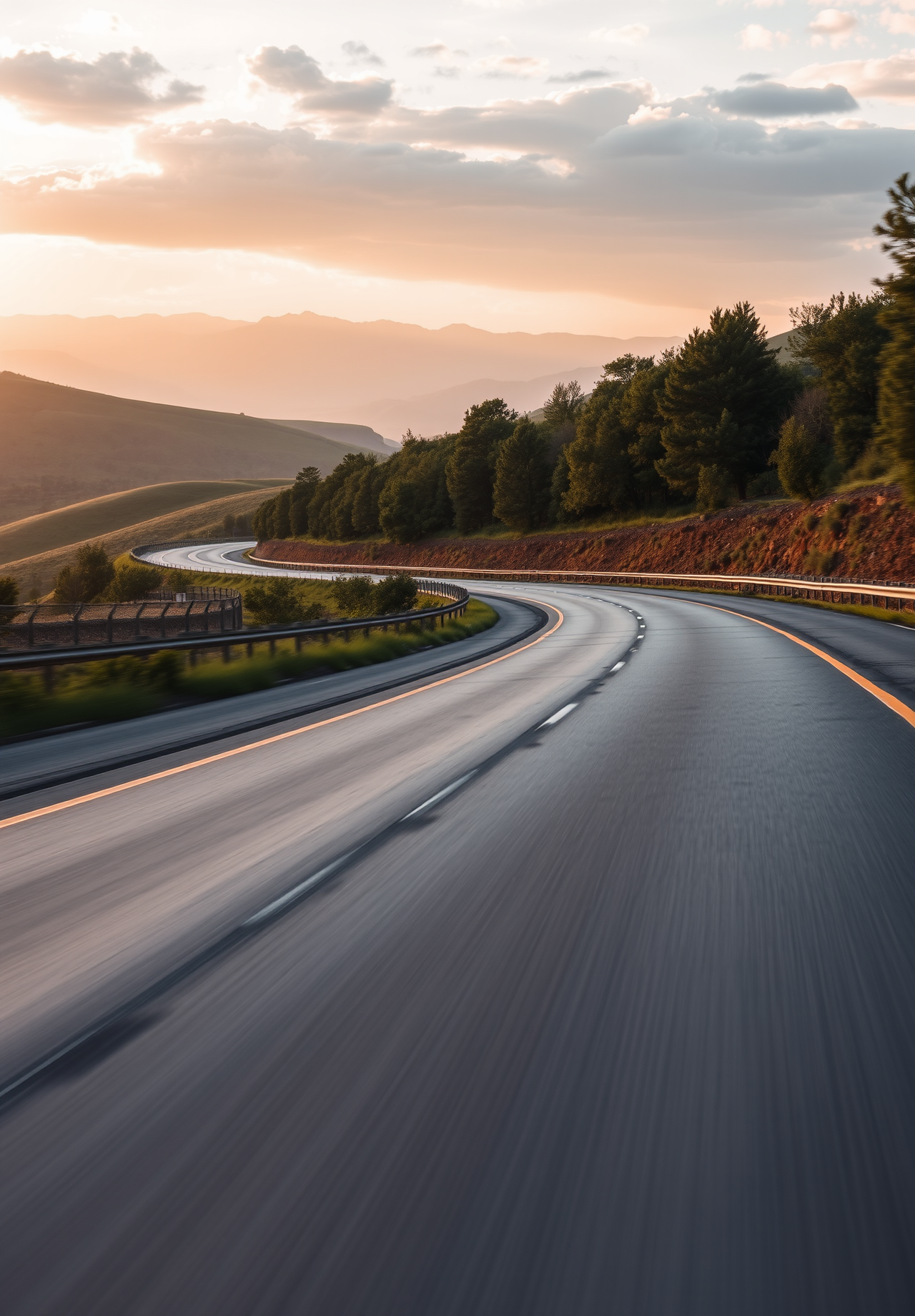 A winding mountain road stretches out under the setting sun, with lush forests on either side and distant mountains disappearing into the clouds. - wallpaper image