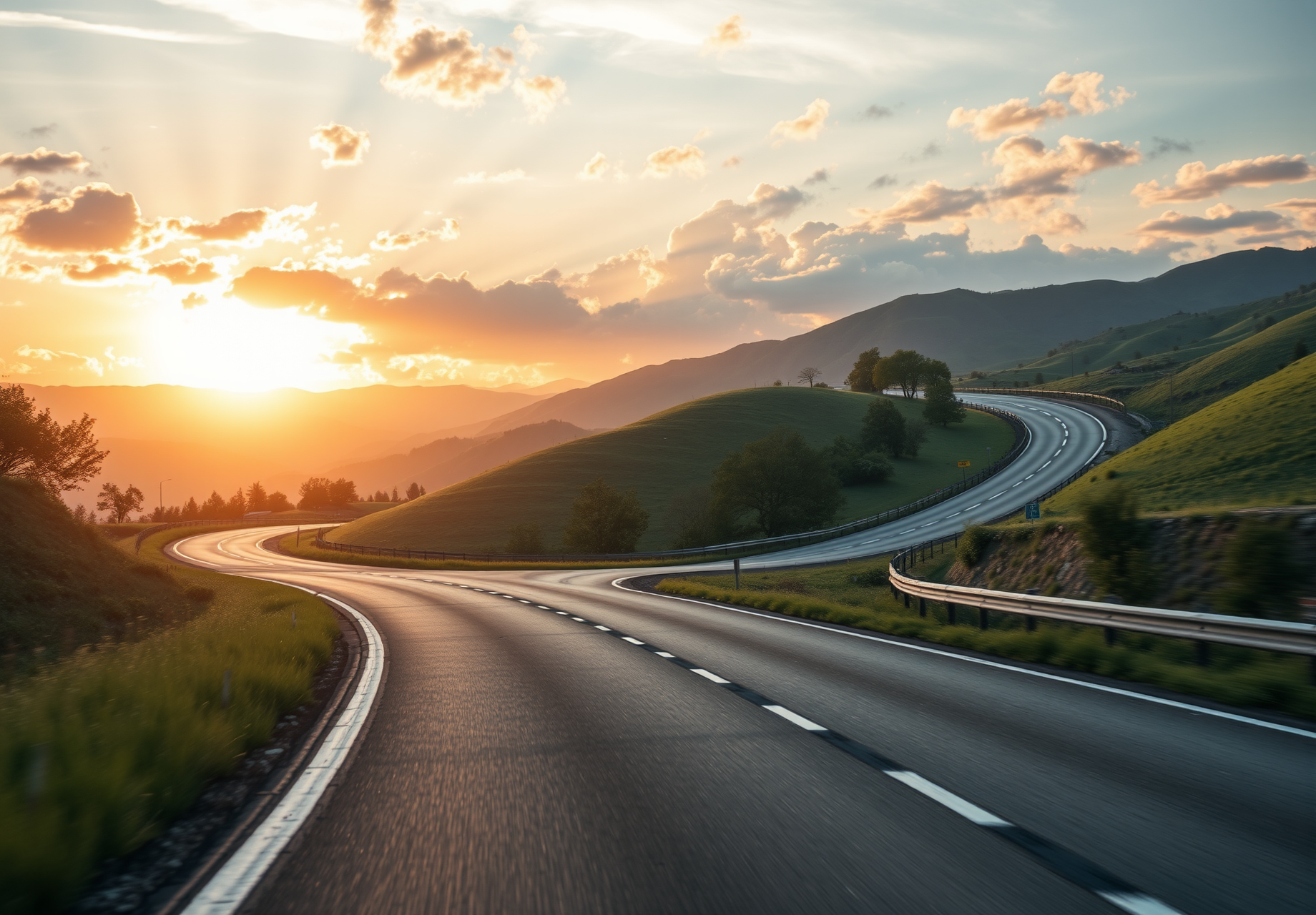 A winding road through green hills at sunset, leading to the distance. - wallpaper image