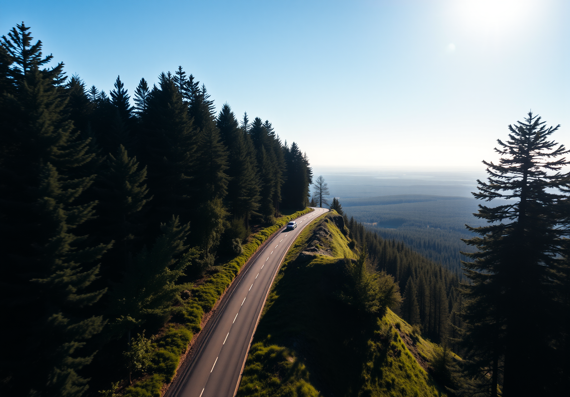 A winding road through a dense forest leading to a distant mountain top, with a car driving along the side of the road. - wallpaper image