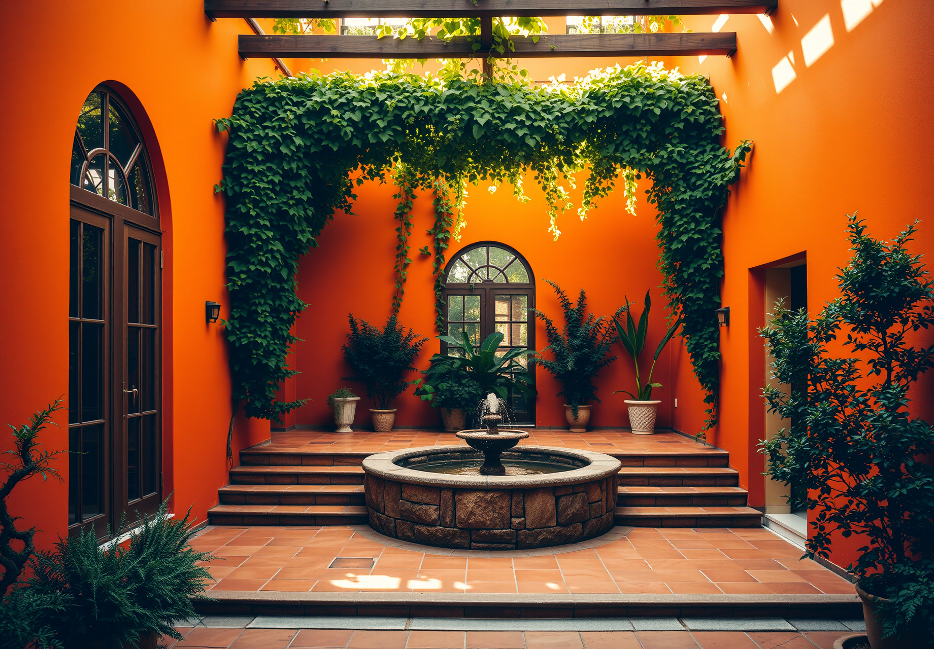 An orange courtyard with a stone fountain in the middle surrounded by green plants. - wallpaper image