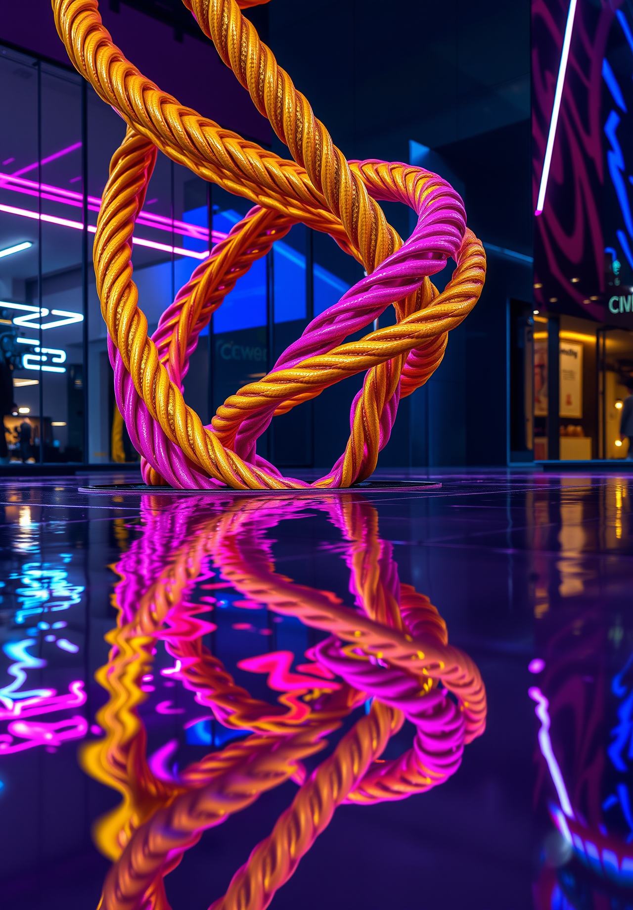 Two orange and pink ropes intertwine to form a complex structure, with a night cityscape in the background and a reflective surface on the ground. - wallpaper image