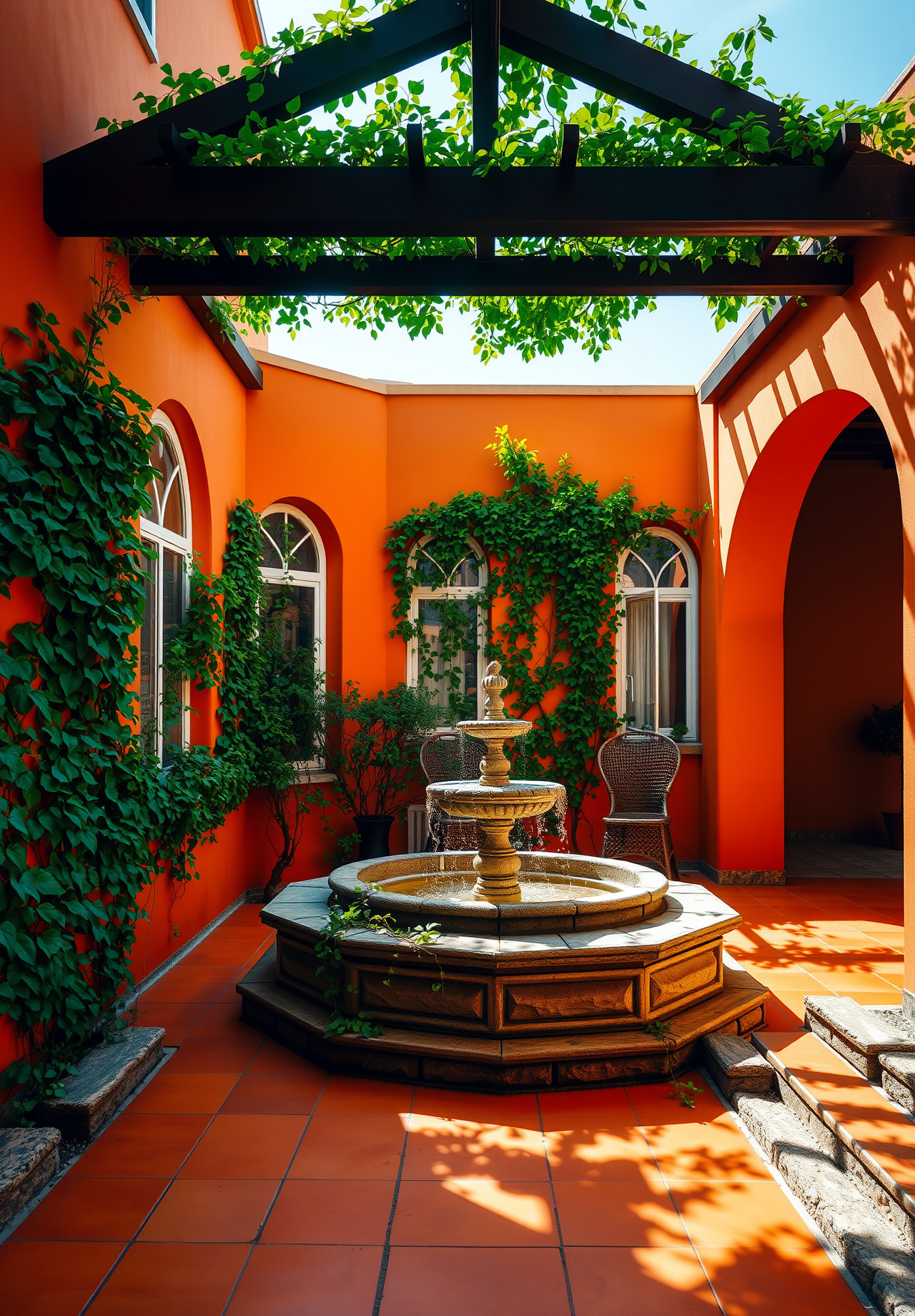 An orange-walled courtyard with a fountain, surrounded by green plants and vines. - wallpaper image