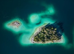 An aerial view of a small island covered with dense forest, surrounded by clear, light blue waters, in the middle of a lake. - free wallpaper image