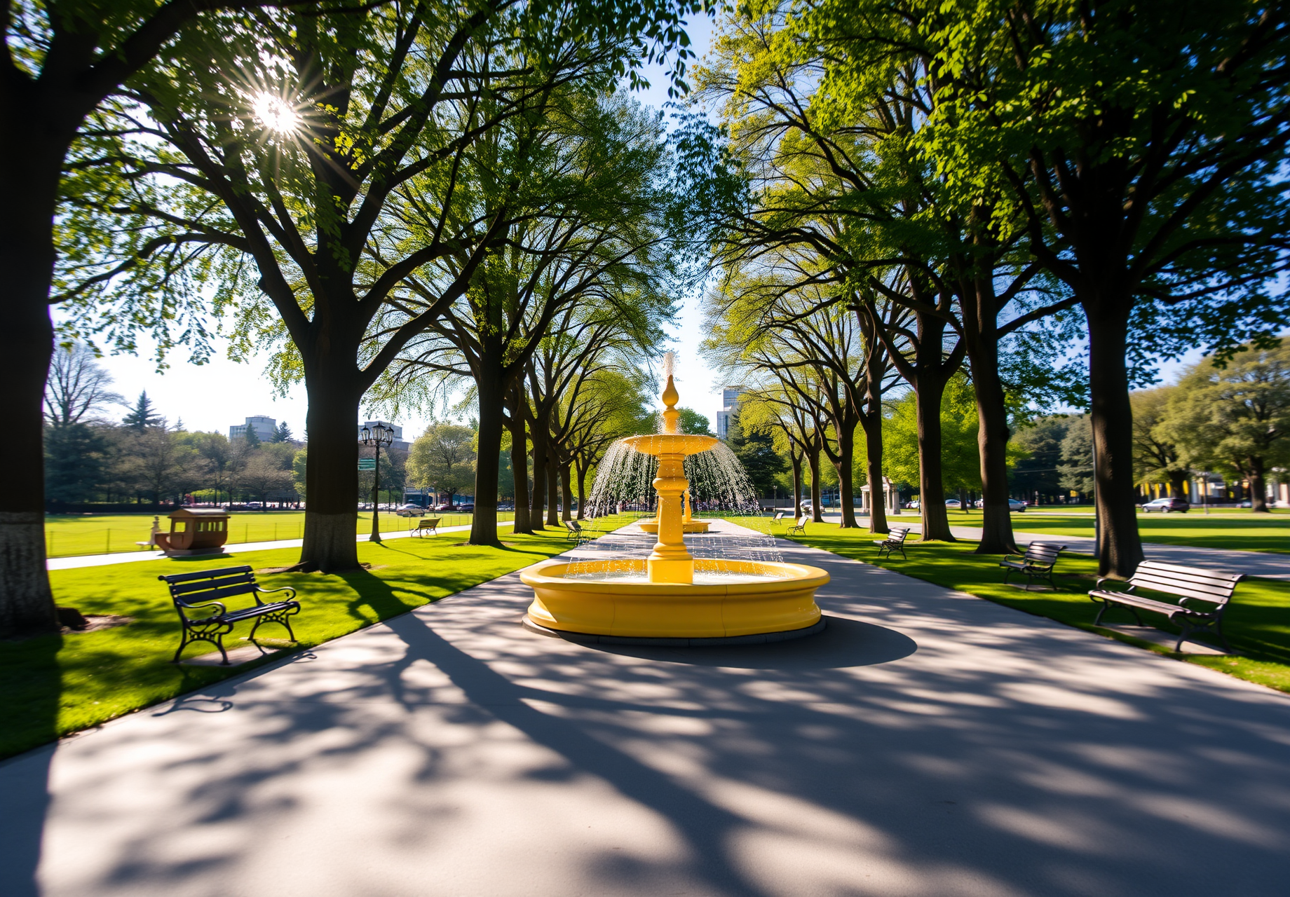 A sunny day, a park with green trees, a road lined with trees on both sides, a fountain in the middle of the road, with benches around the fountain. - wallpaper image