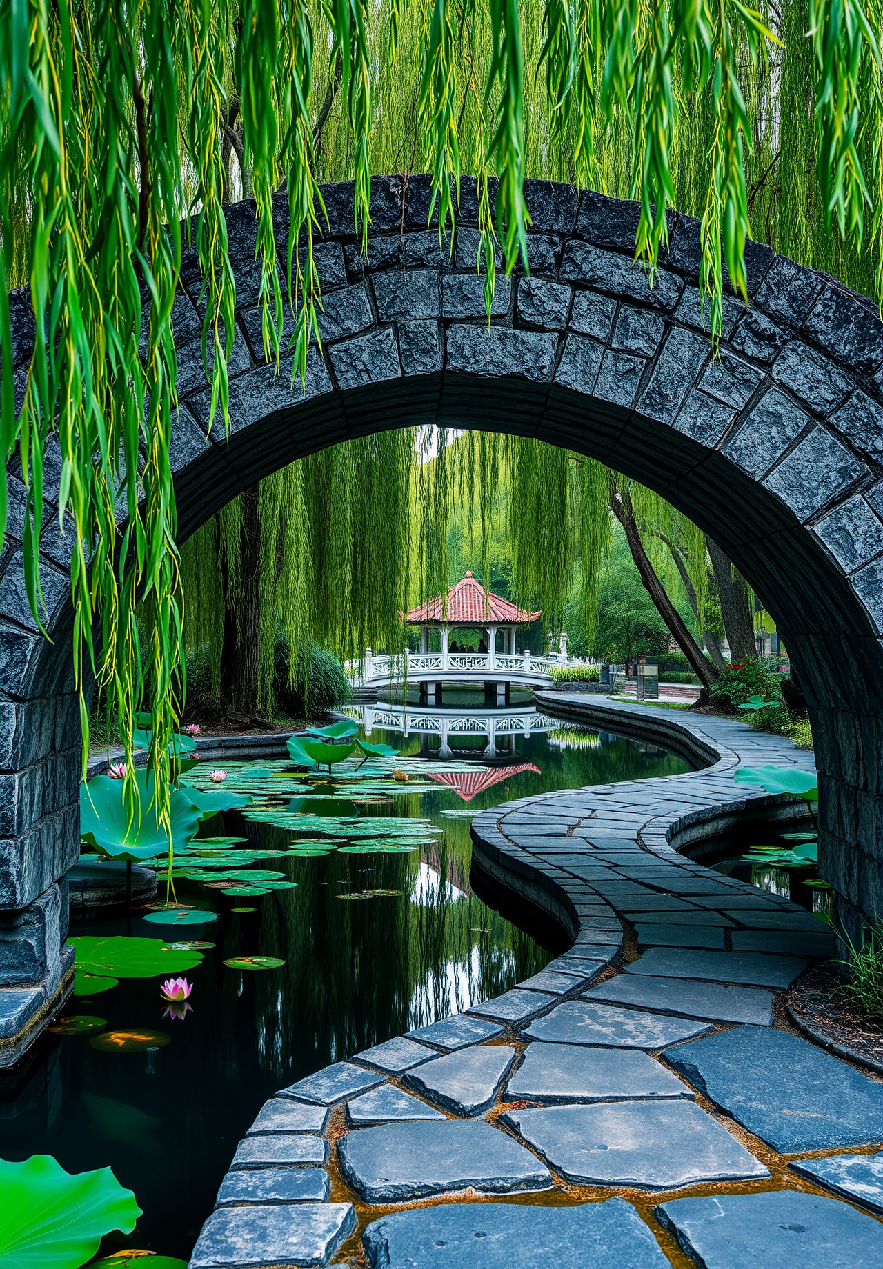 In a park, a winding stone path leads to a gazebo under a stone arch, next to the gazebo is a quiet pond, the surface of the pond is covered with lotus leaves, and the reflection of the gazebo and trees are reflected on the water. - wallpaper image