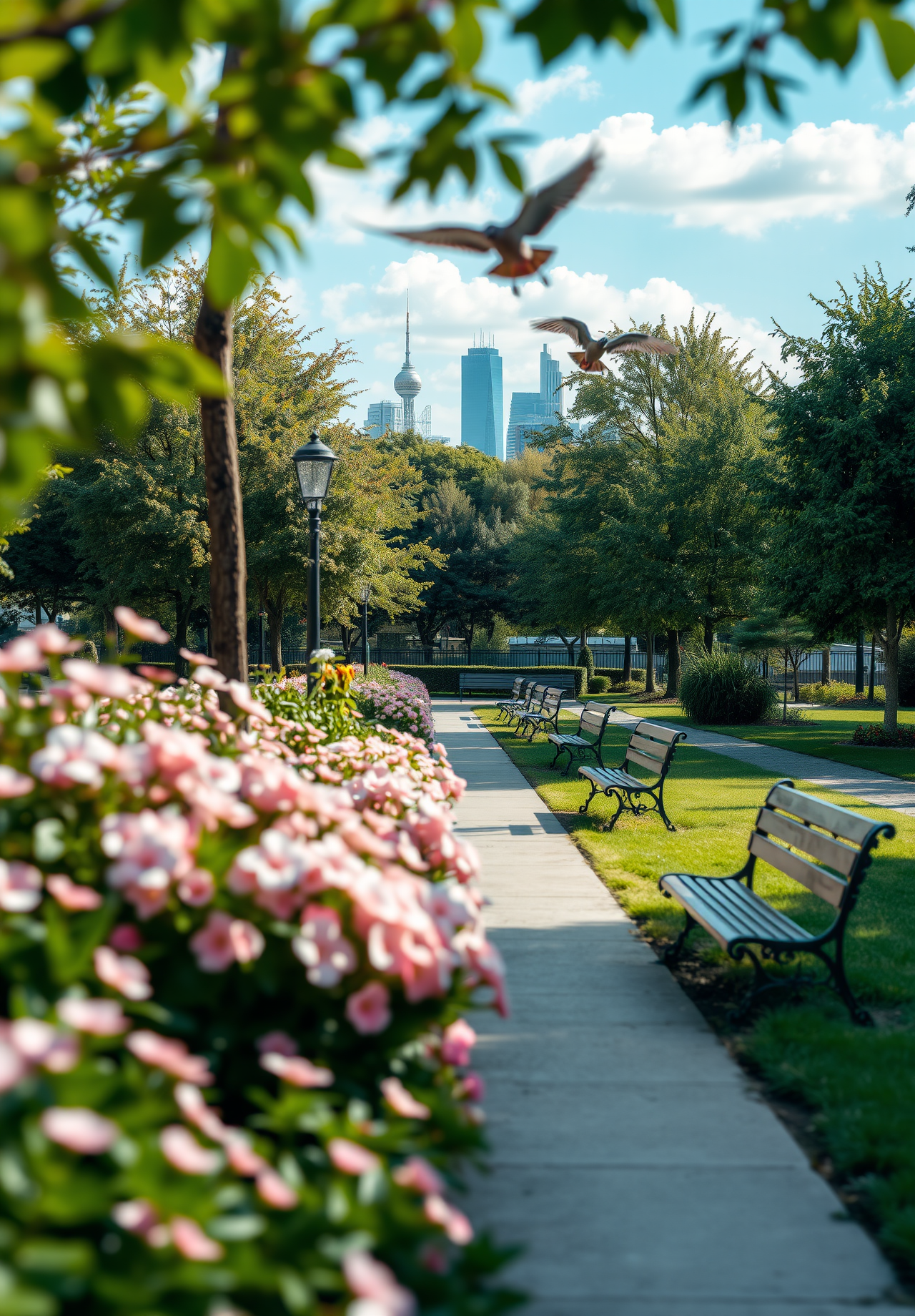 A stone path leads to the city in the distance, with green trees and pink flowers on both sides, black benches are placed on the roadside, and two birds fly across the sky. - wallpaper image