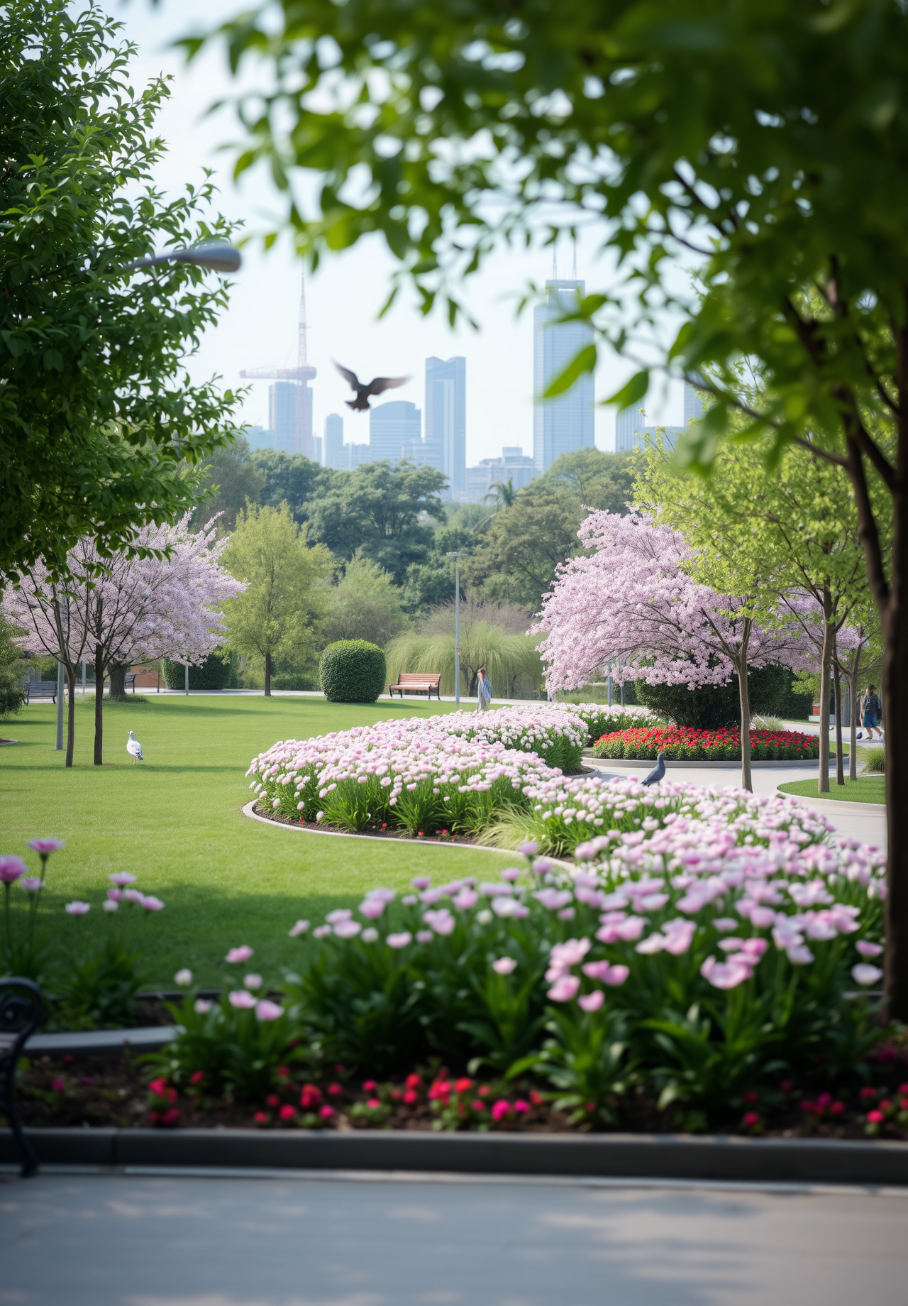 A serene park with lush green grass and blooming pink flowers, with towering city buildings in the background, creating a sense of tranquility and urban sophistication. - wallpaper image