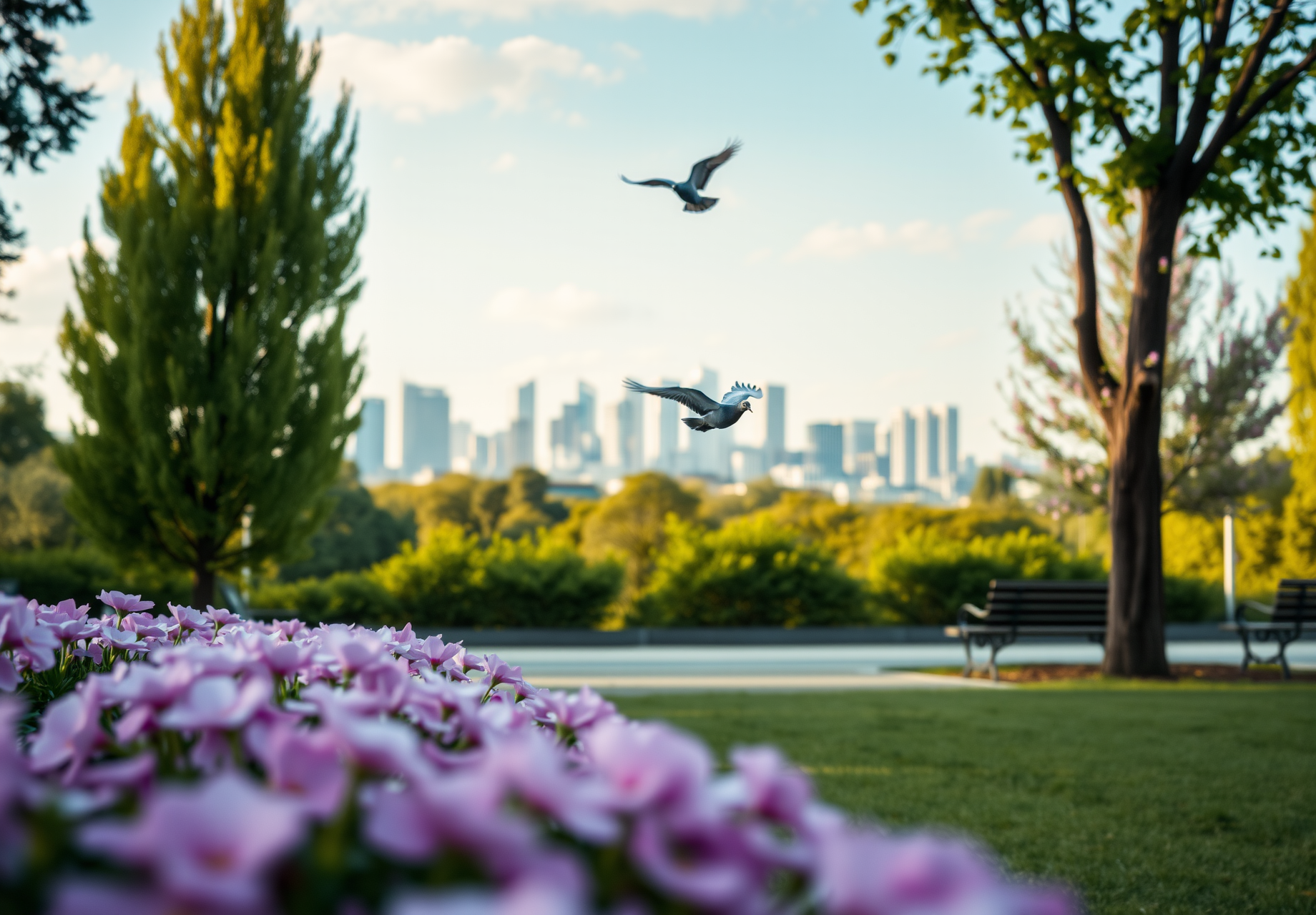 Two pigeons fly over a park, with a city skyline in the background and a bed of pink flowers in the foreground. - wallpaper image