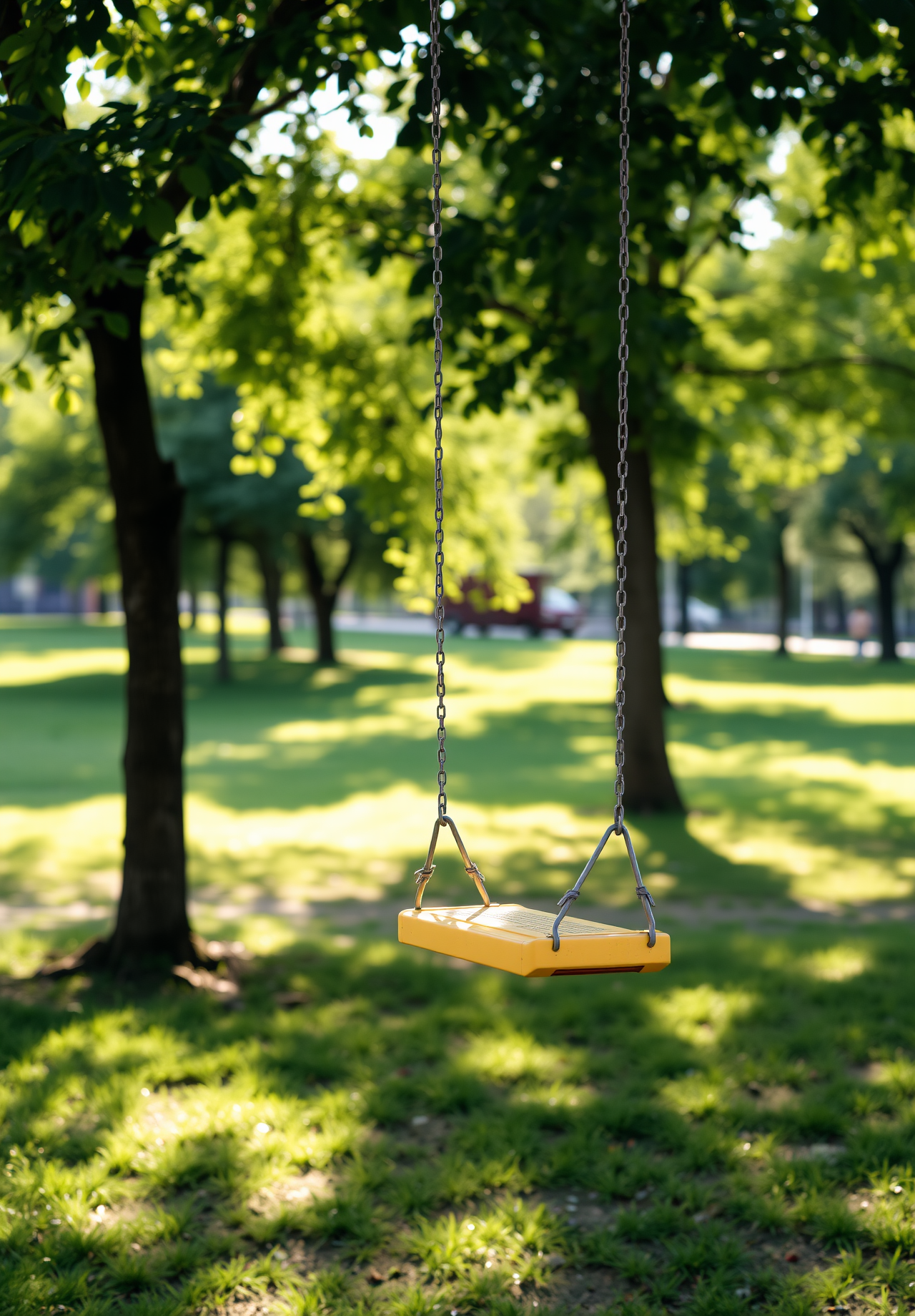 An empty swing is hanging in a park, surrounded by green trees and grass. - wallpaper image