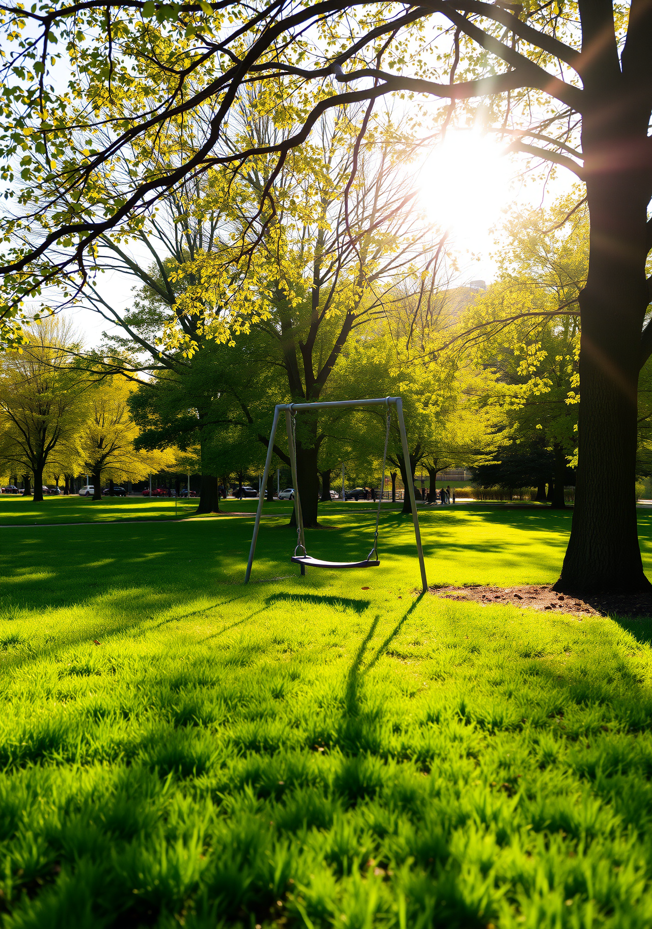 On a sunny afternoon, a swing sits in a park with green trees and casts a shadow on the lawn. - wallpaper image