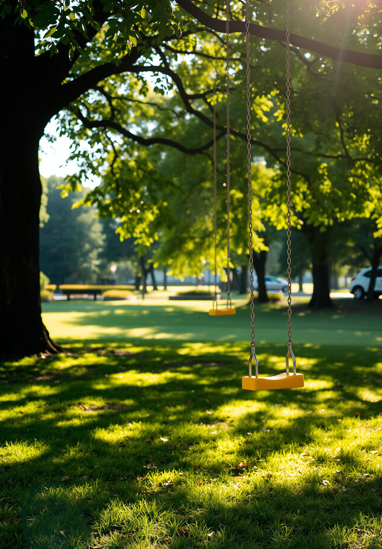 A peaceful scene in a park, with lush trees casting shadows on the green grass, a yellow swing hangs quietly from a branch. - wallpaper image