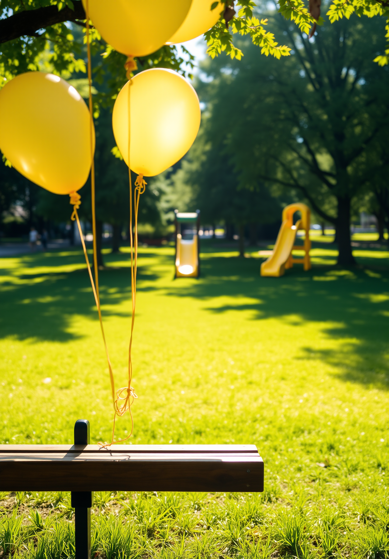 Three yellow balloons are tied to a wooden bench on a grassy lawn in a park, with green trees and a yellow slide in the distance. - wallpaper image