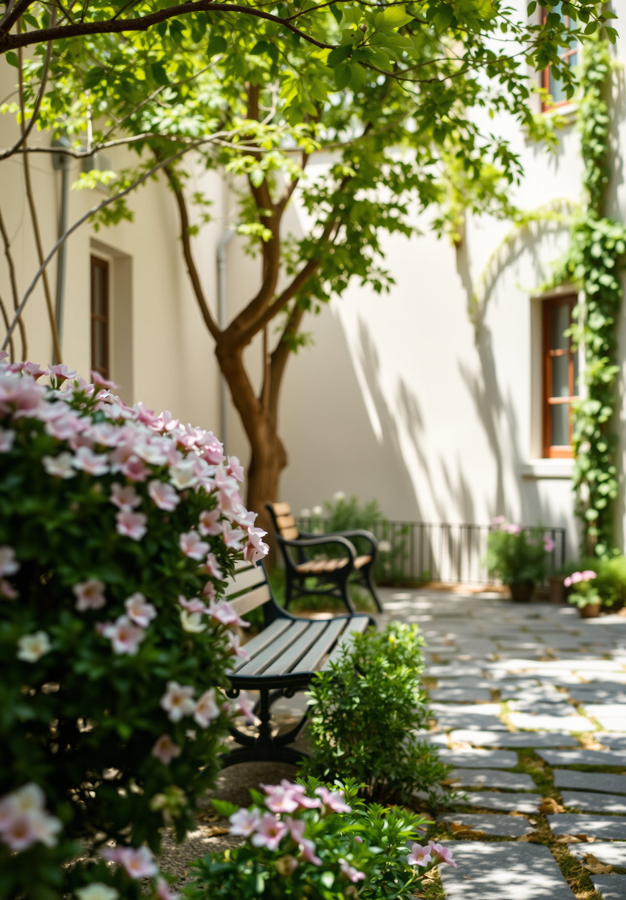 A quiet courtyard on a sunny day with pink flowers blooming next to two benches, lush green trees, filled with a peaceful atmosphere. - wallpaper image