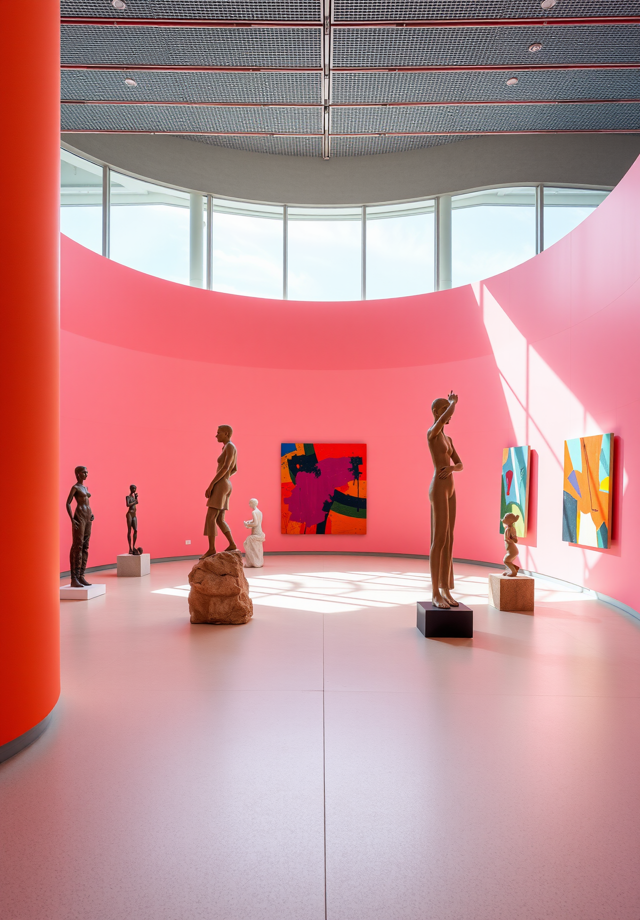 There are some sculptures and abstract paintings displayed in a pink circular room. - wallpaper image