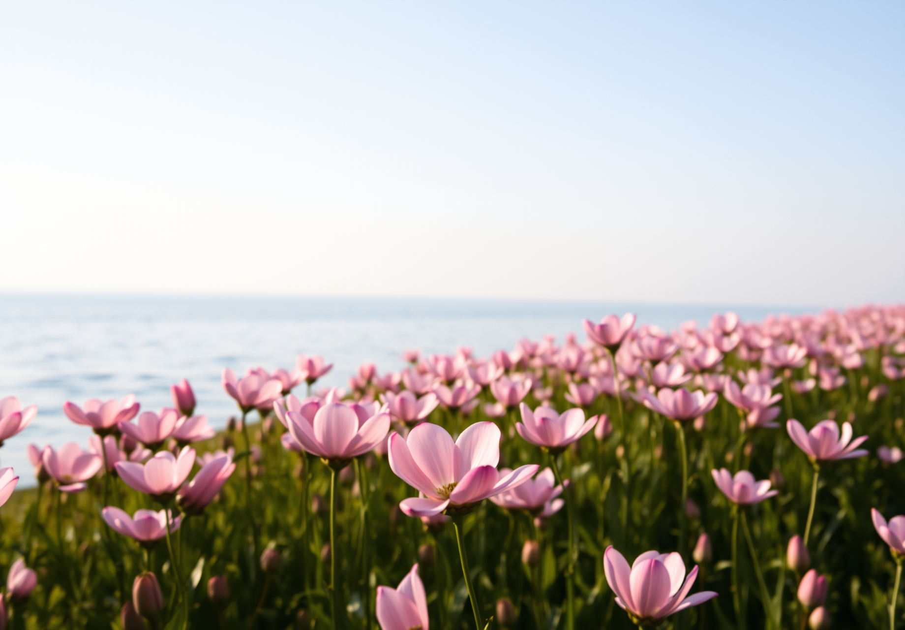 Pink flowers bloom by the sea against a backdrop of azure sky and blue sea. - wallpaper image