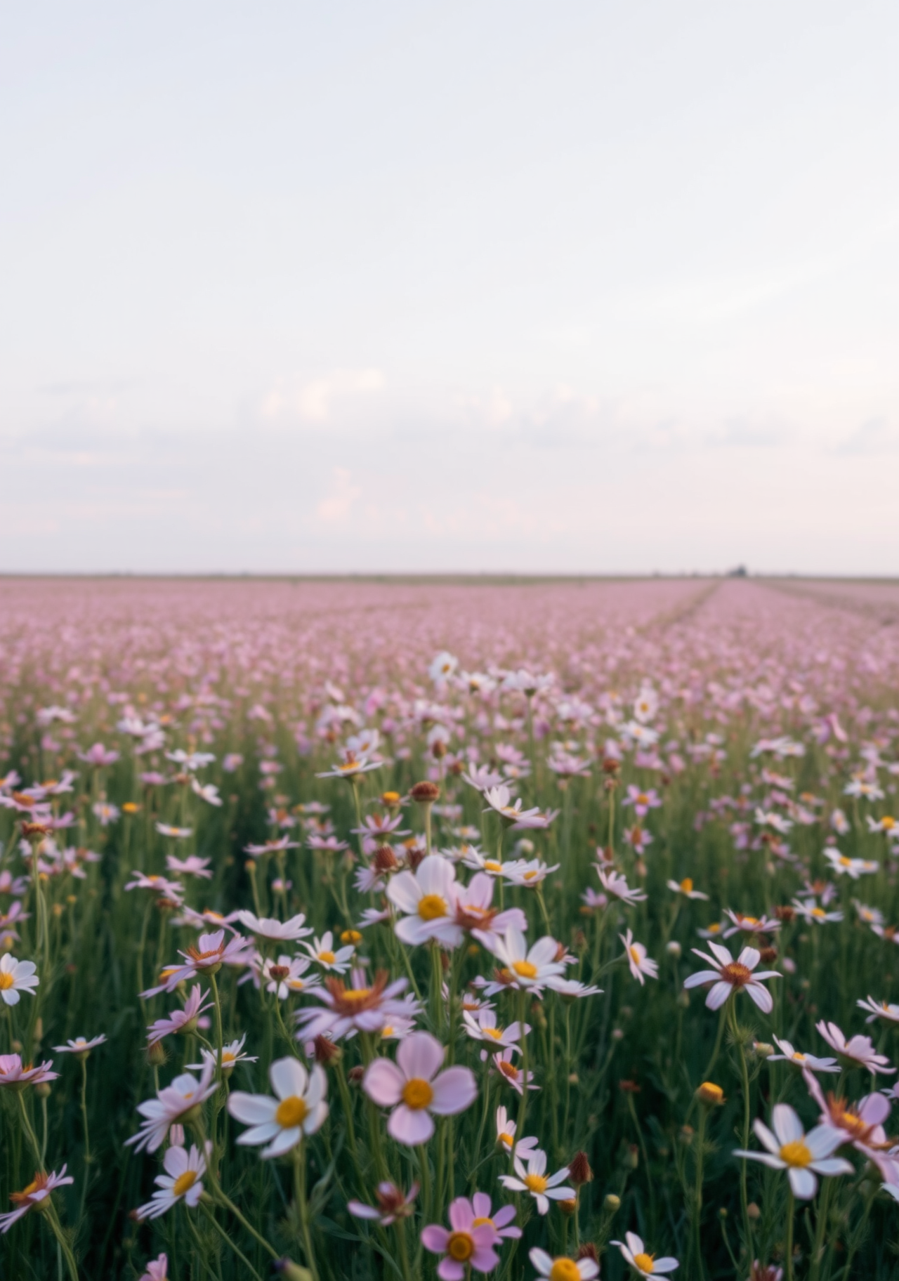 A field of pink flowers in bloom, with a blue sky in the background. - wallpaper image