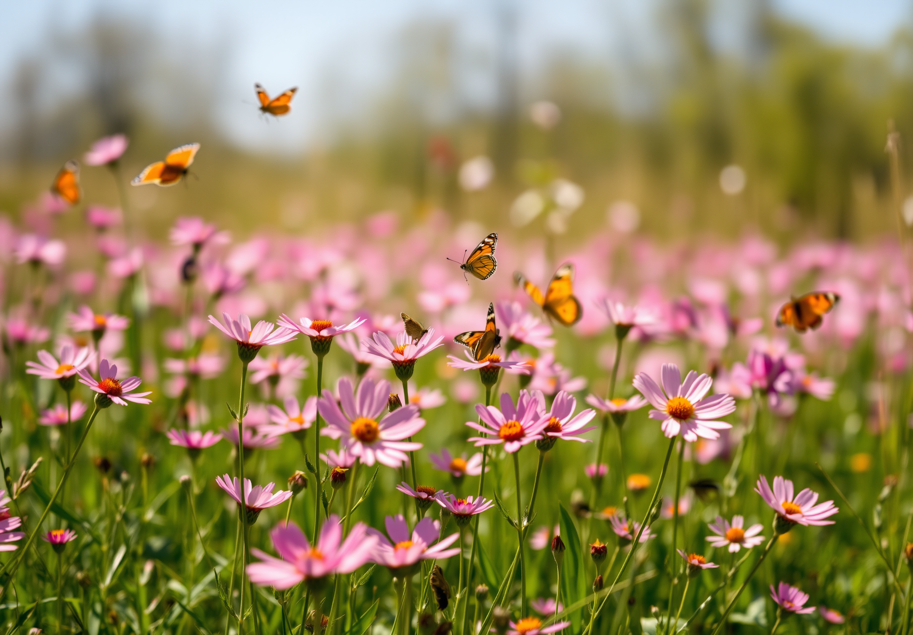 Many orange butterflies are flying in a field of pink flowers, the sun is shining brightly, and the scenery is pleasant. - wallpaper image