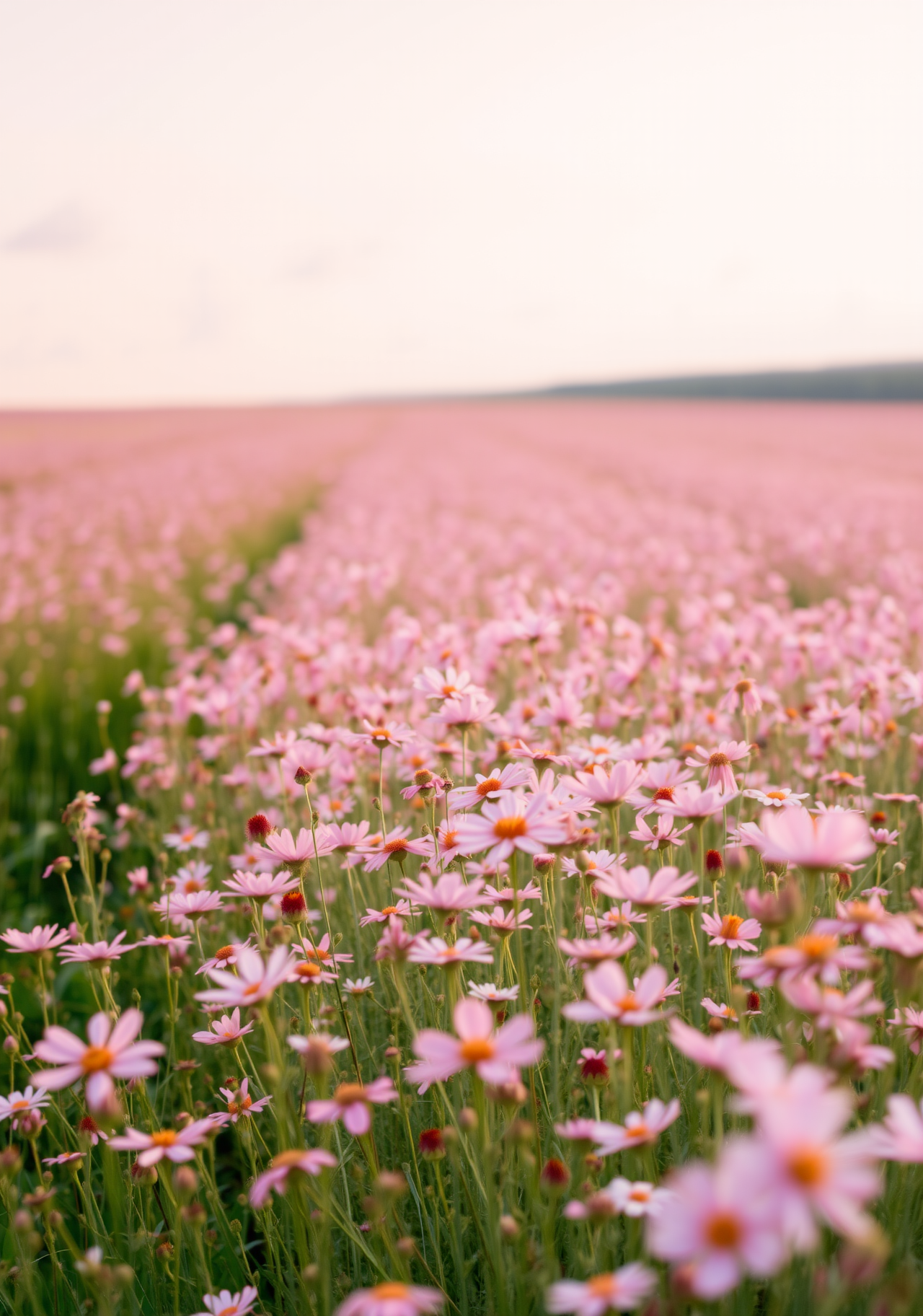 A field of pink flowers in bloom, the background is a sunset sky. - wallpaper image