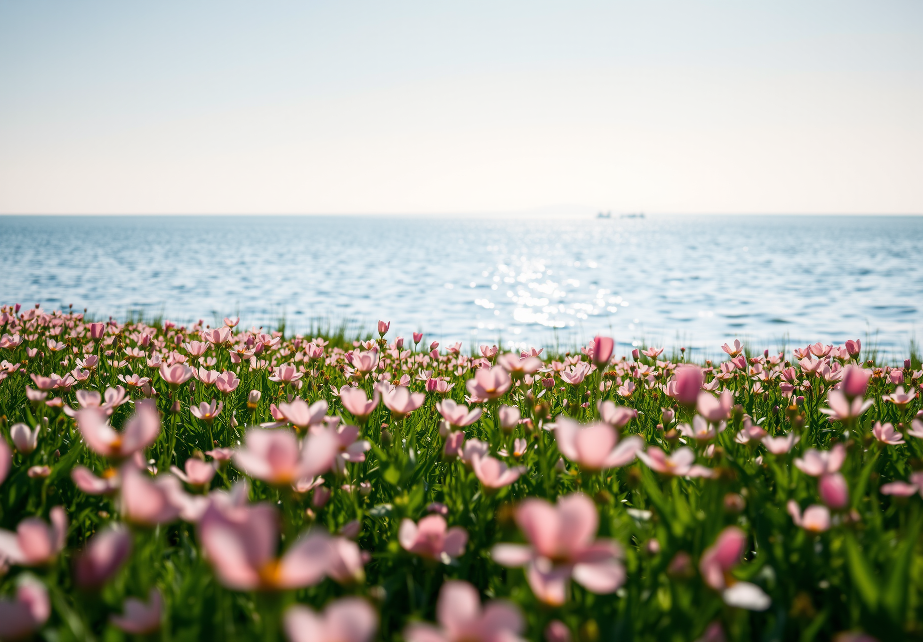 Pink flowers bloom in the grass by the sea, the blue sea sparkles in the sun. - wallpaper image