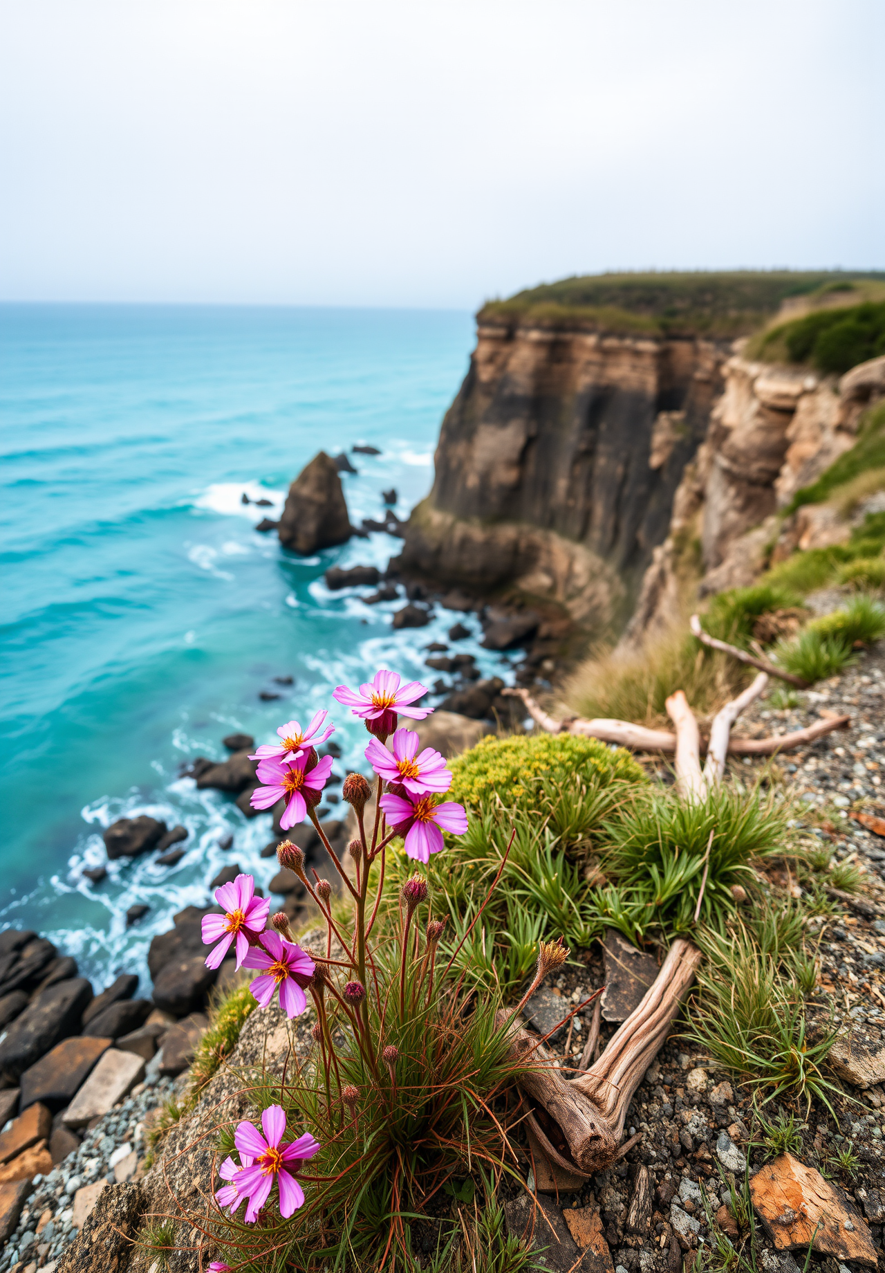 Pink flowers blooming on the edge of a cliff, with blue water and rocks below - wallpaper image