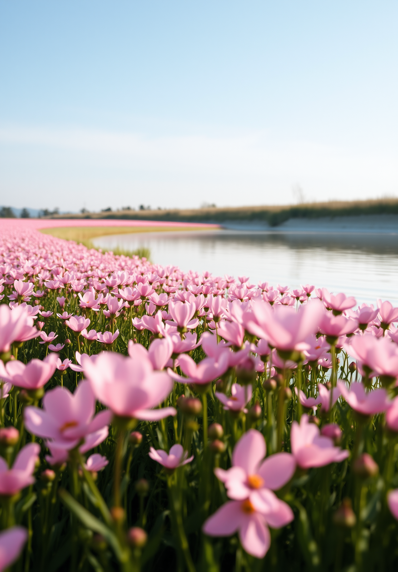 A field of pink flowers in full bloom by the lake, the picture is fresh and natural. - wallpaper image