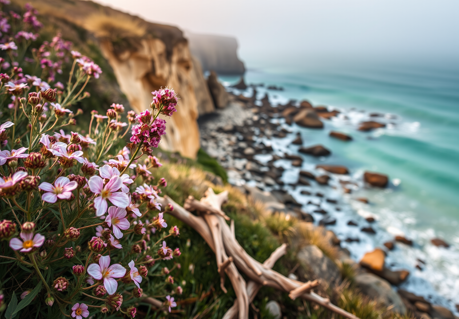 Pink flowers bloom on the edge of a cliff overlooking the blue sea and rocks. - wallpaper image