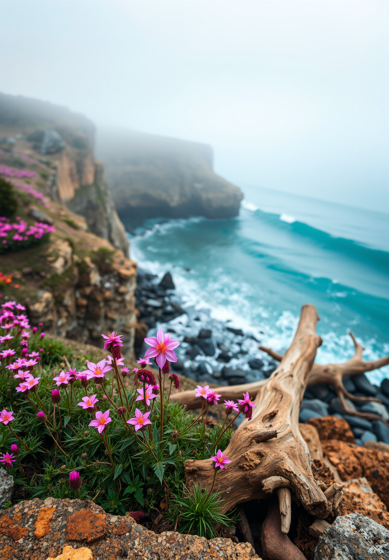 A dead tree lies on the rocks by the coast, with many pink flowers growing next to it. In the distance, the sea and cliffs are shrouded in fog. - wallpaper image