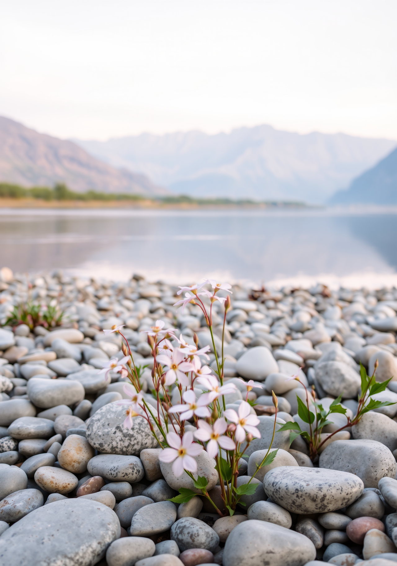 A few pale pink flowers grow on a pebble beach by the river, with mountains and river in the background. - wallpaper image