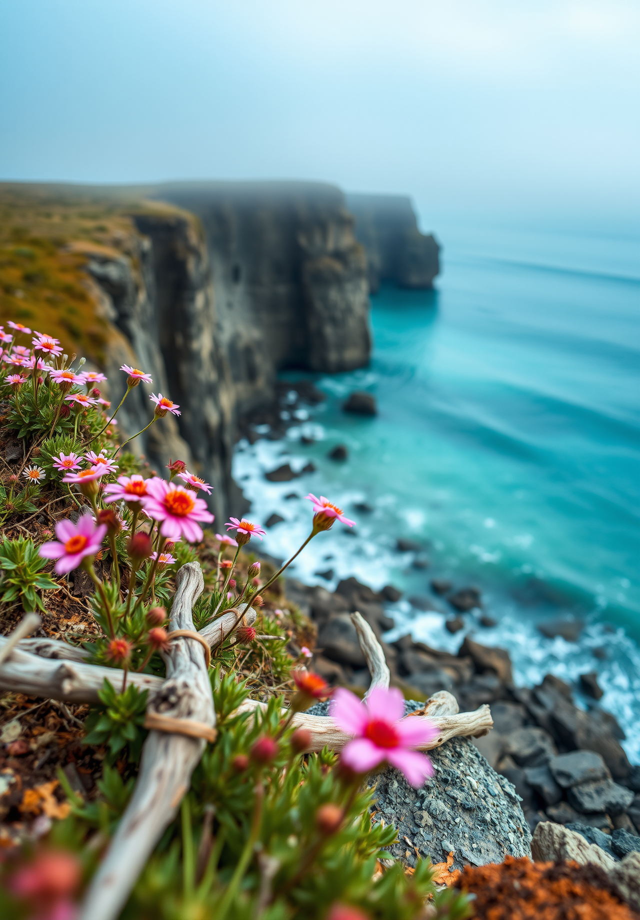 Some pink flowers bloom on the edge of a sea cliff, against a backdrop of rocks and driftwood, with a vast blue ocean in the distance. - wallpaper image