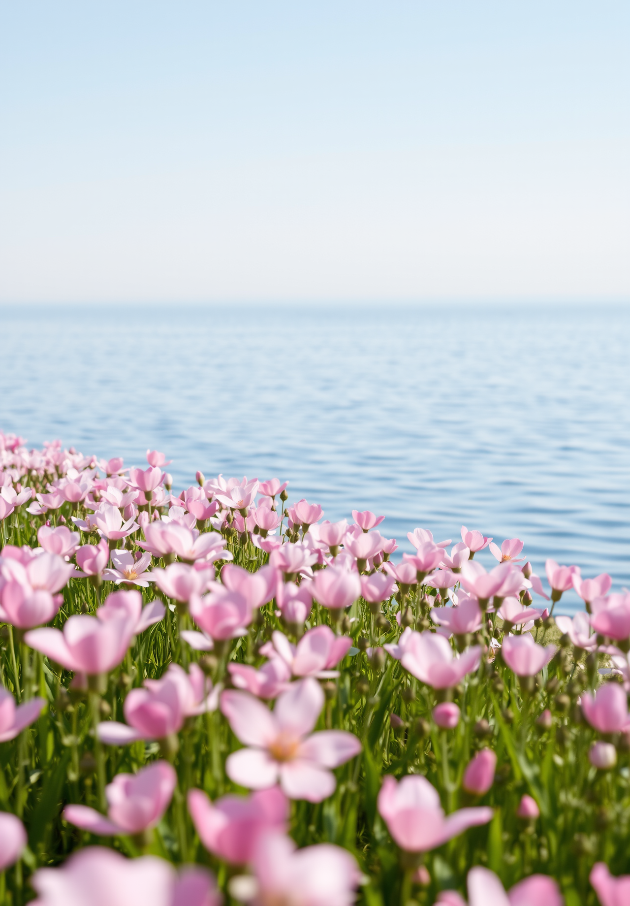 A sea of pink flowers bloom by the sea, with blue water in the distance and a clear sky. - wallpaper image